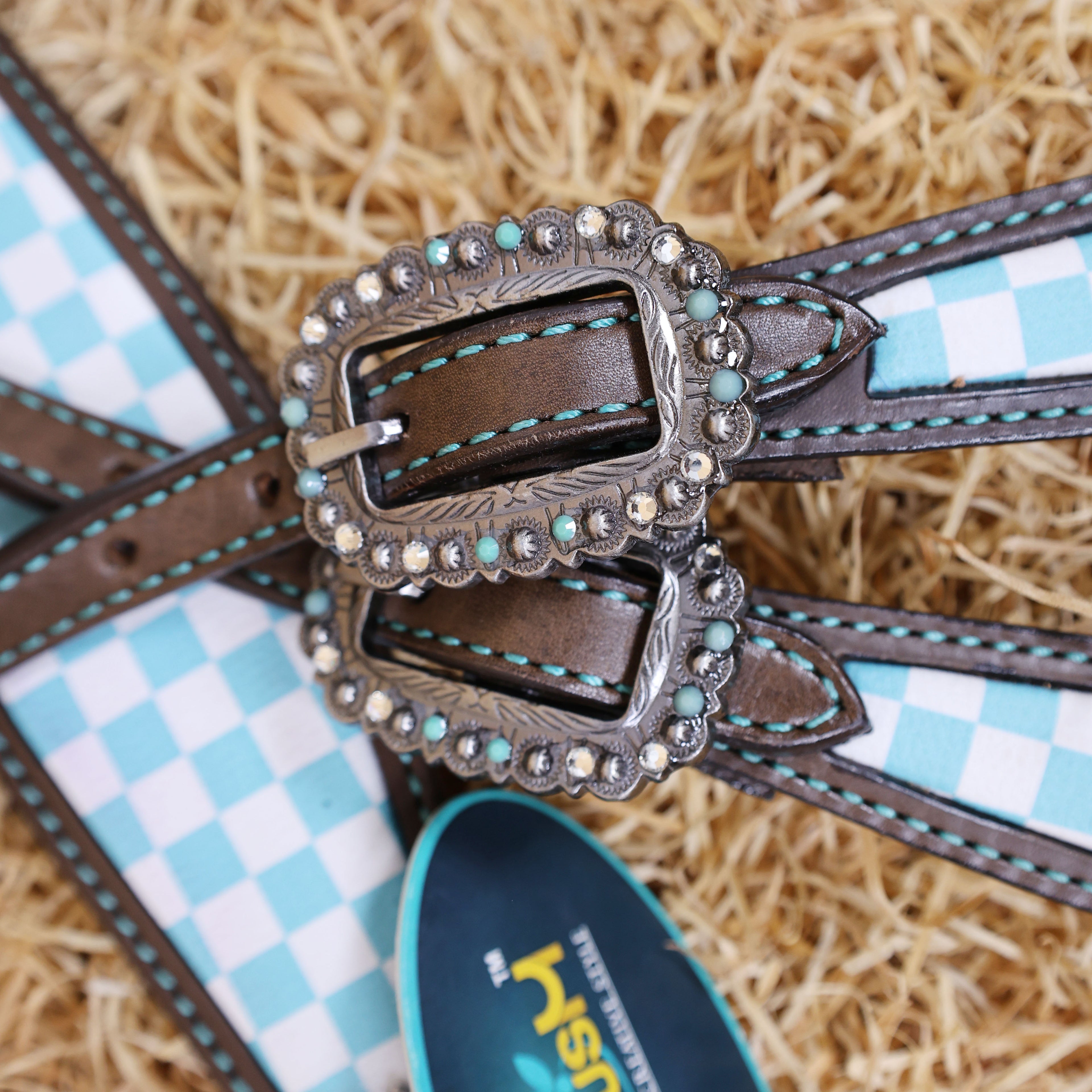 MOUSM Western Leather Headstall and Breast Collar Set – Argentina Cow Leather Horse Tack Set Decorated with Sky Blue Checkered Vector Flags Illustration Design on White Background and Shining Rhinestones Conchos.