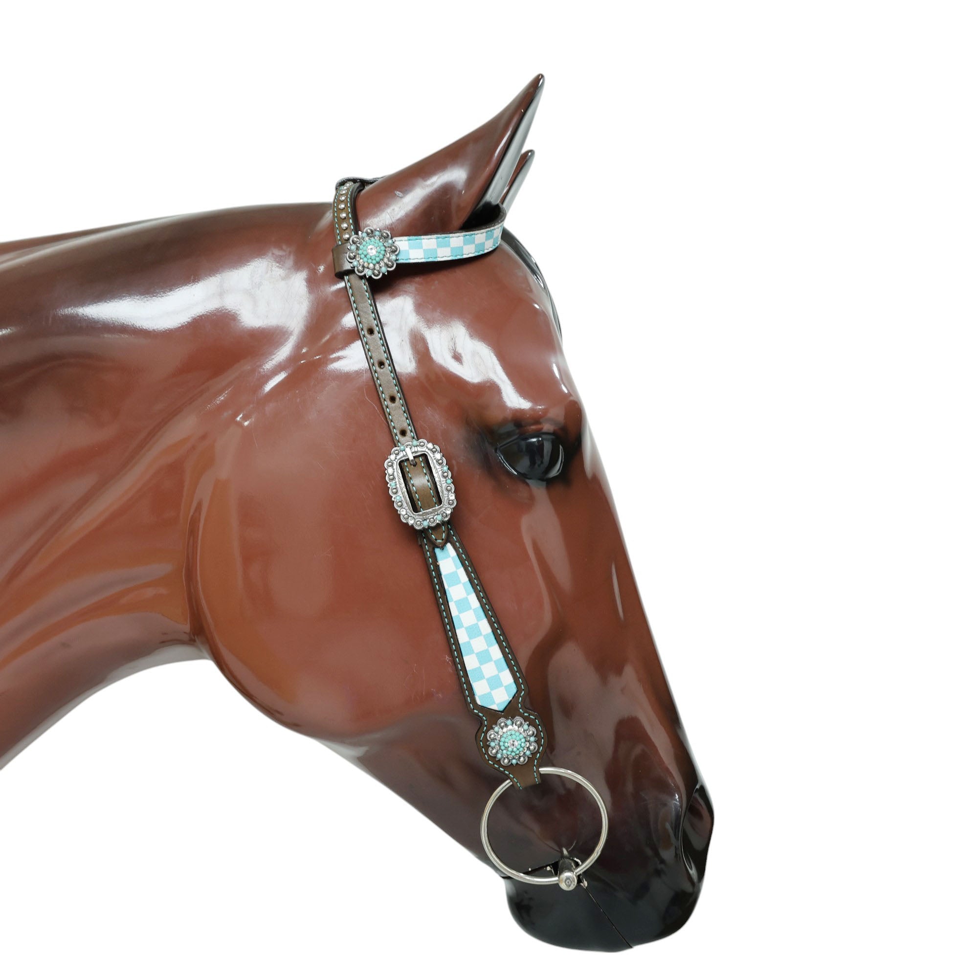 MOUSM Western Leather Headstall and Breast Collar Set – Argentina Cow Leather Horse Tack Set Decorated with Sky Blue Checkered Vector Flags Illustration Design on White Background and Shining Rhinestones Conchos.