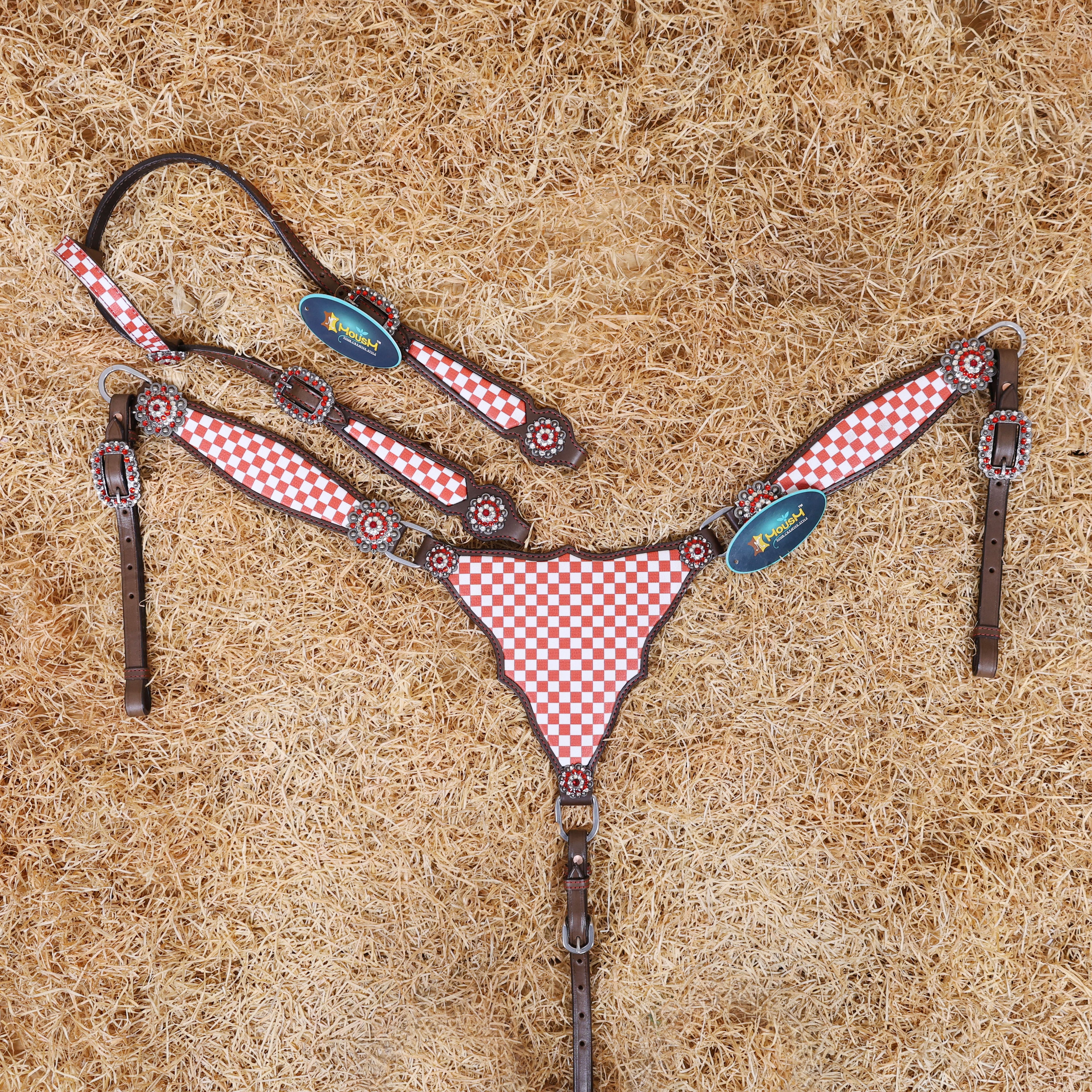 MOUSM Western Leather Headstall and Breast Collar Set – Argentina Cow Leather Horse Tack Set Decorated with Orange Checkered Vector Flags Illustration Design on White Background and Shining Rhinestone Conchos.