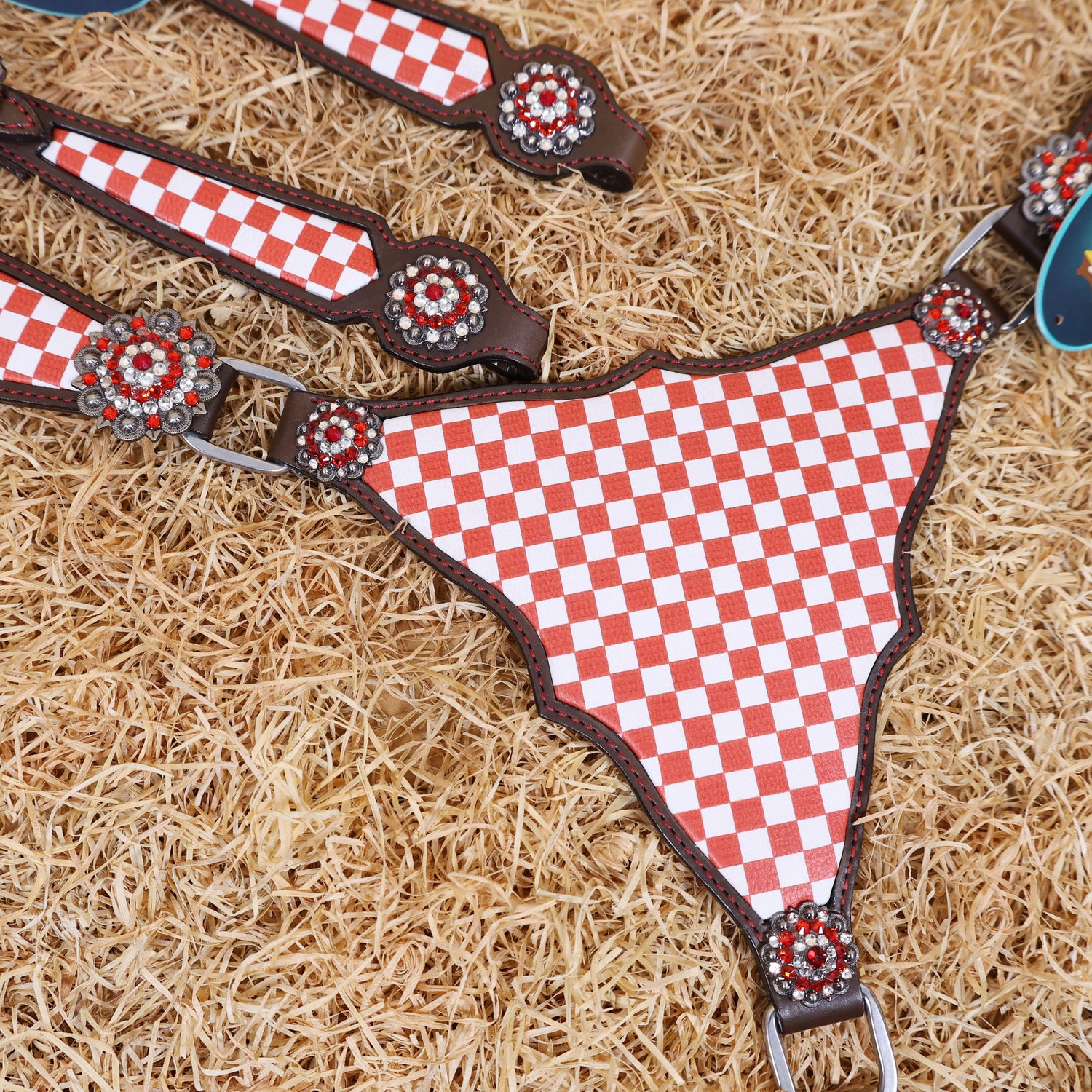 MOUSM Western Leather Headstall and Breast Collar Set – Argentina Cow Leather Horse Tack Set Decorated with Orange Checkered Vector Flags Illustration Design on White Background and Shining Rhinestone Conchos.