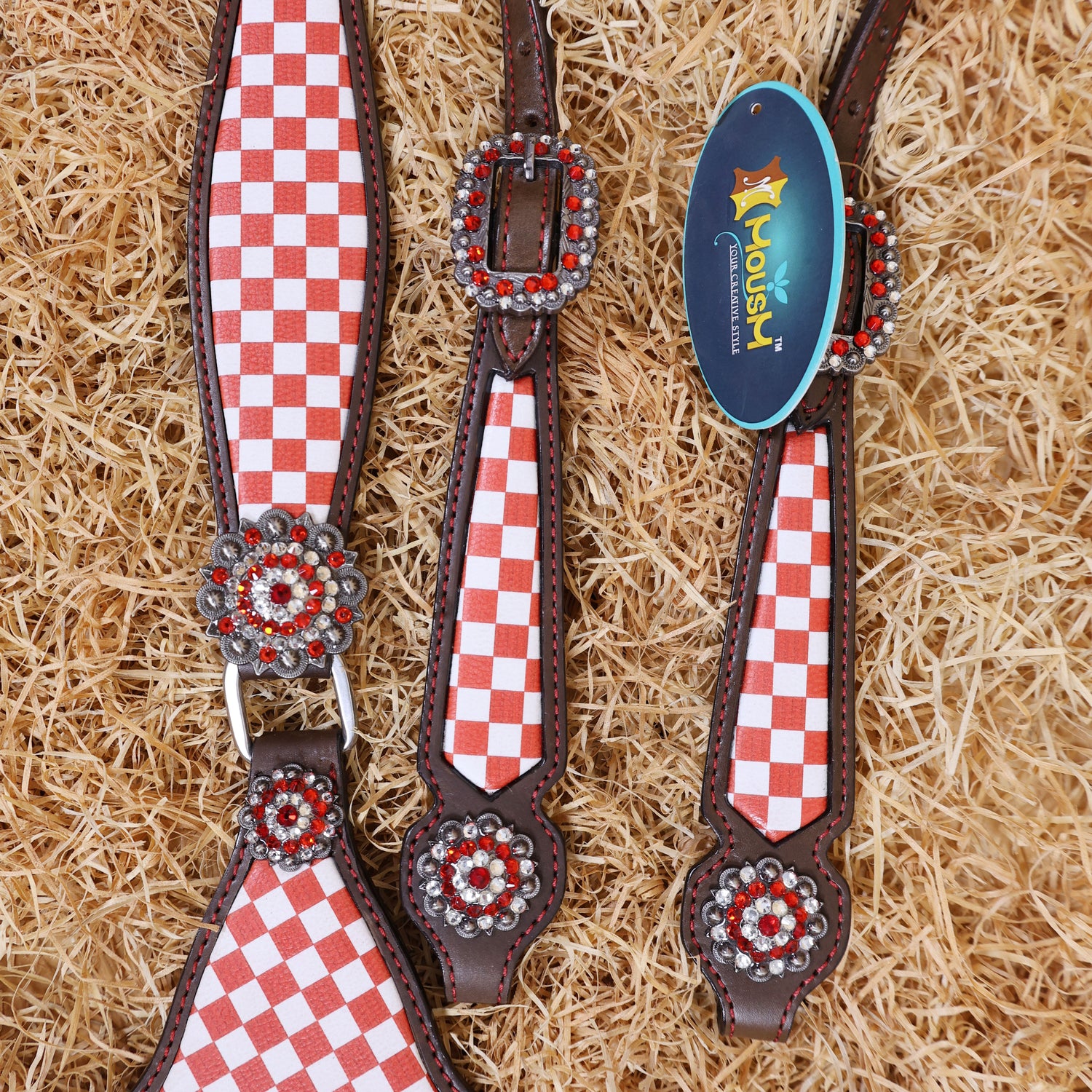 MOUSM Western Leather Headstall and Breast Collar Set – Argentina Cow Leather Horse Tack Set Decorated with Orange Checkered Vector Flags Illustration Design on White Background and Shining Rhinestone Conchos.