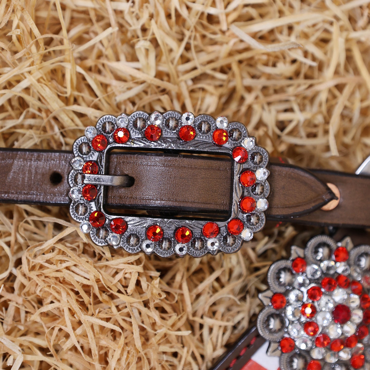 MOUSM Western Leather Headstall and Breast Collar Set – Argentina Cow Leather Horse Tack Set Decorated with Orange Checkered Vector Flags Illustration Design on White Background and Shining Rhinestone Conchos.