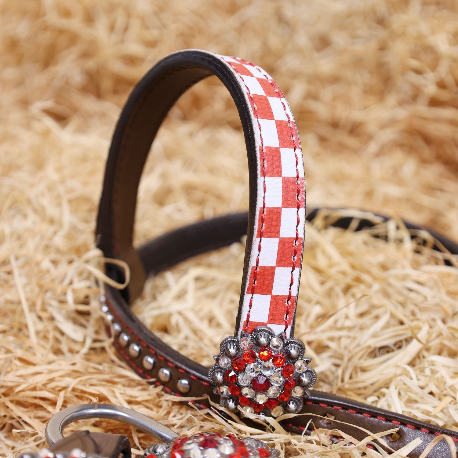 MOUSM Western Leather Headstall and Breast Collar Set – Argentina Cow Leather Horse Tack Set Decorated with Orange Checkered Vector Flags Illustration Design on White Background and Shining Rhinestone Conchos.