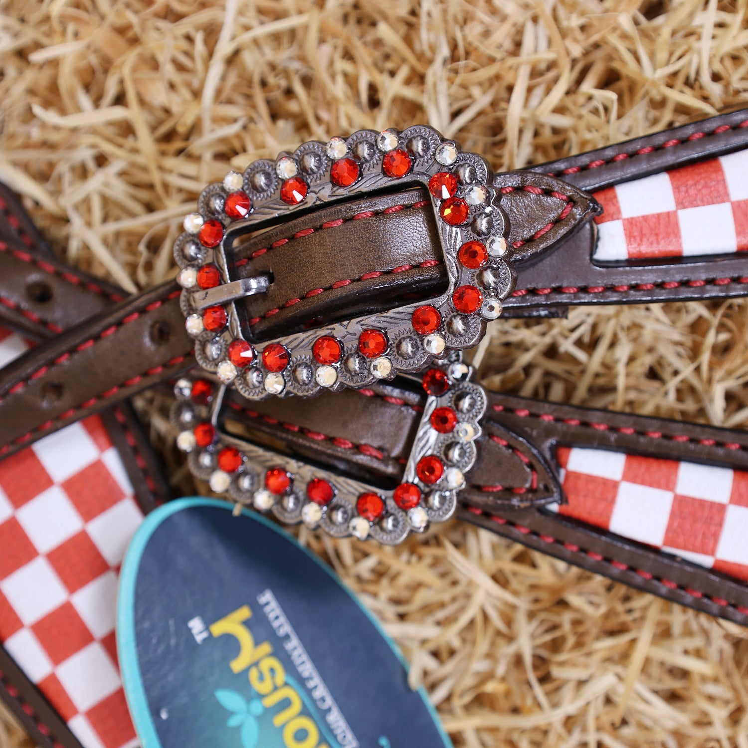 MOUSM Western Leather Headstall and Breast Collar Set – Argentina Cow Leather Horse Tack Set Decorated with Orange Checkered Vector Flags Illustration Design on White Background and Shining Rhinestone Conchos.