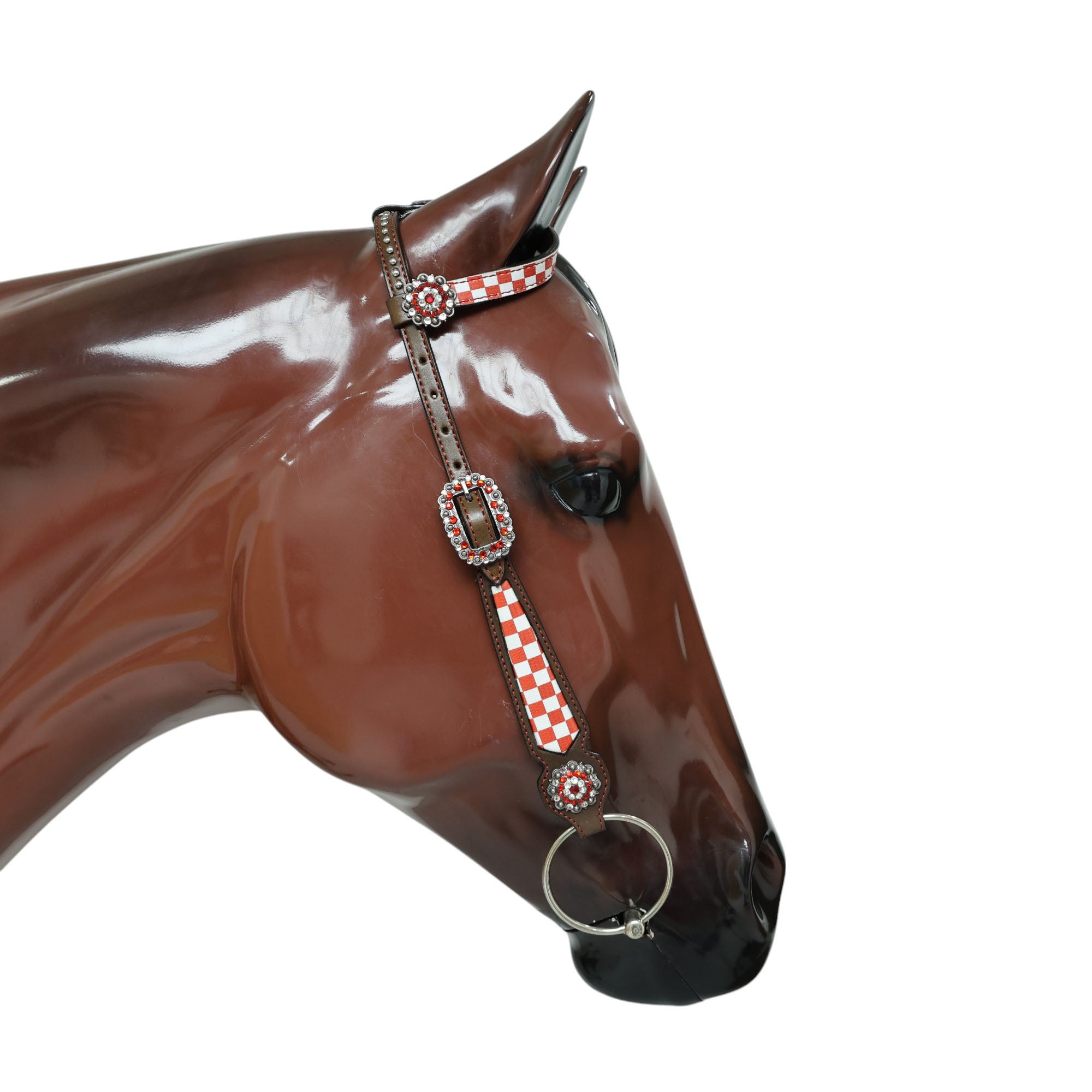 MOUSM Western Leather Headstall and Breast Collar Set – Argentina Cow Leather Horse Tack Set Decorated with Orange Checkered Vector Flags Illustration Design on White Background and Shining Rhinestone Conchos.