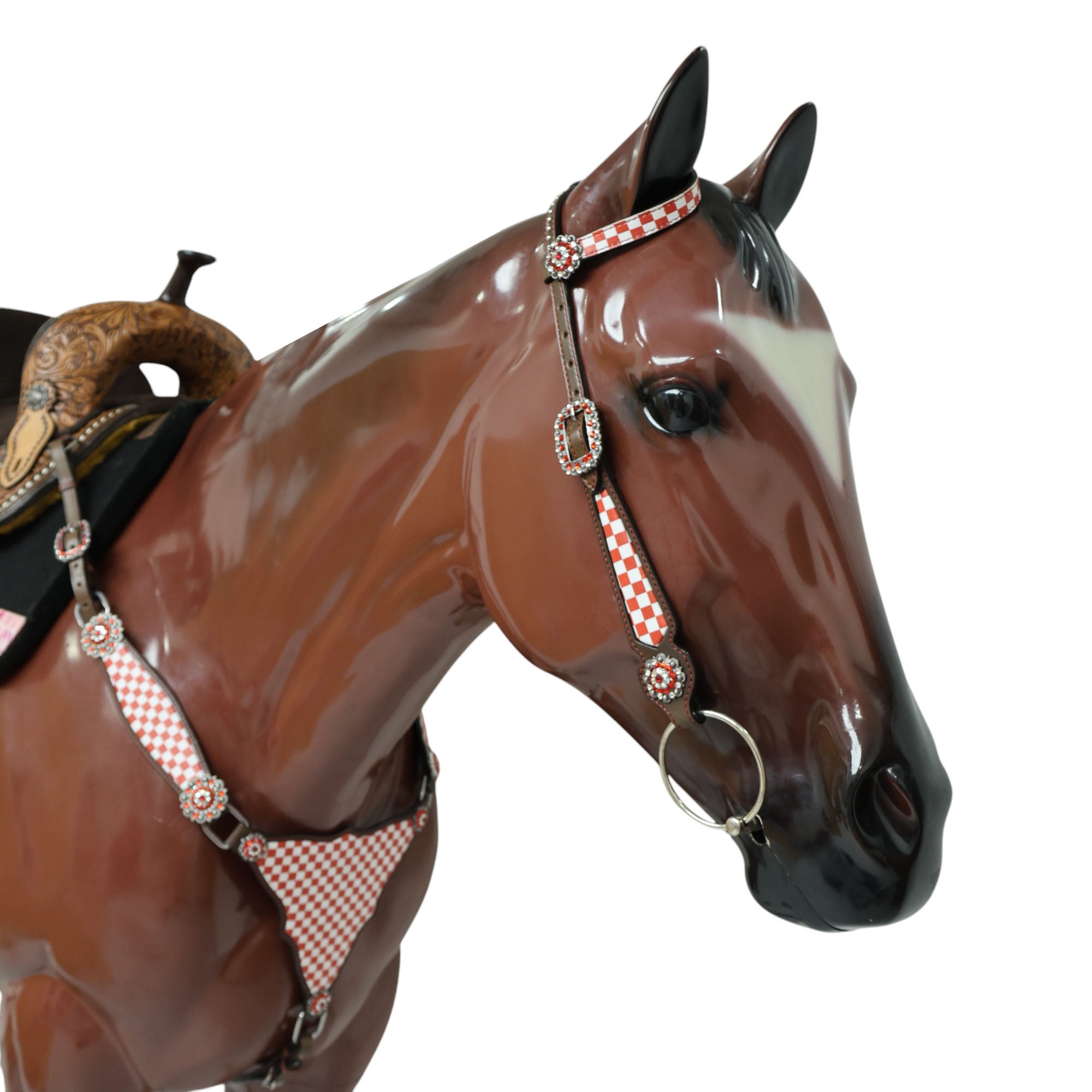 MOUSM Western Leather Headstall and Breast Collar Set – Argentina Cow Leather Horse Tack Set Decorated with Orange Checkered Vector Flags Illustration Design on White Background and Shining Rhinestone Conchos.