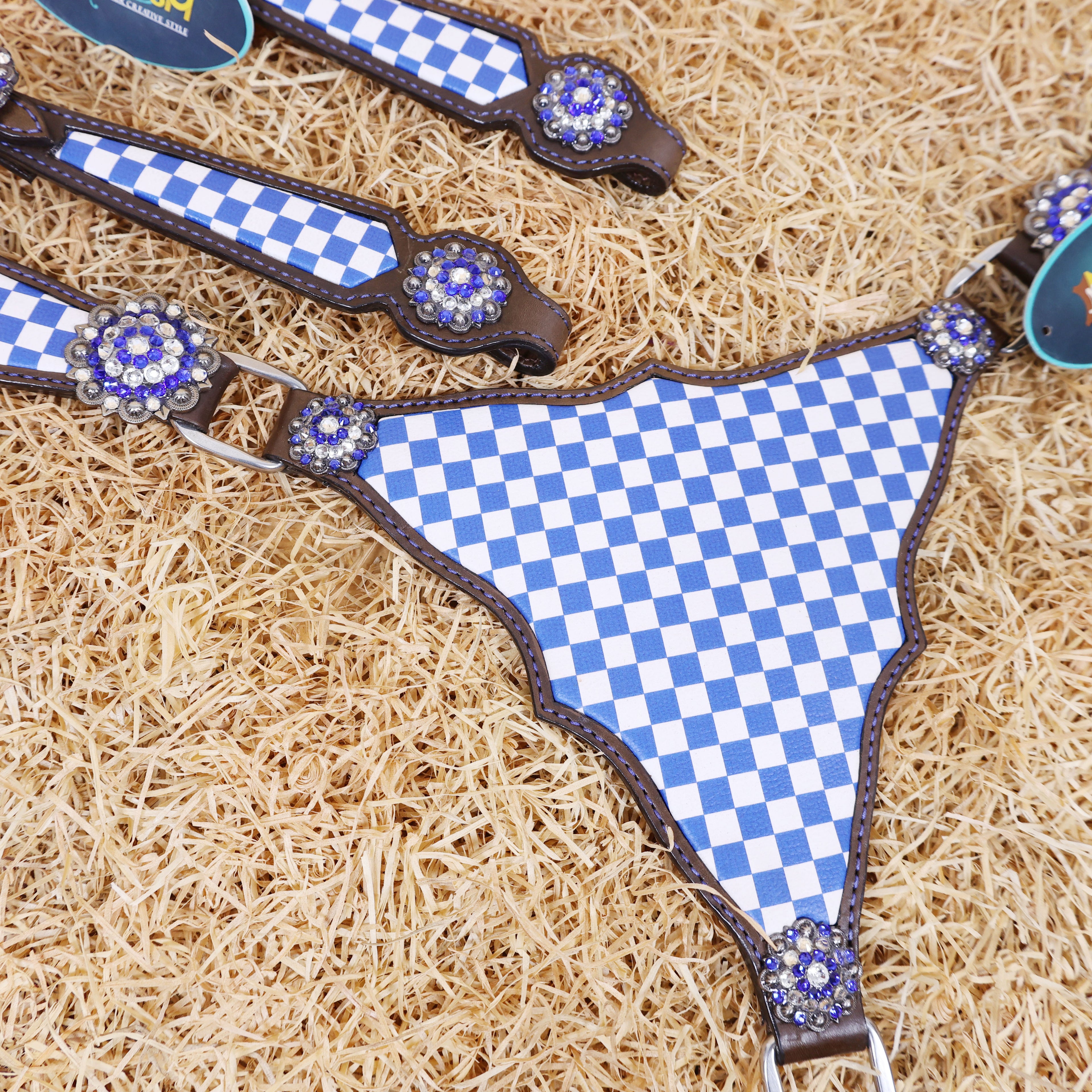 MOUSM Western Leather Headstall and Breast Collar Set – Argentina Cow Leather Horse Tack Set Decorated with Blue Checkered Vector Flags Illustration Design on White Background and Shining Rhinestone Conchos.