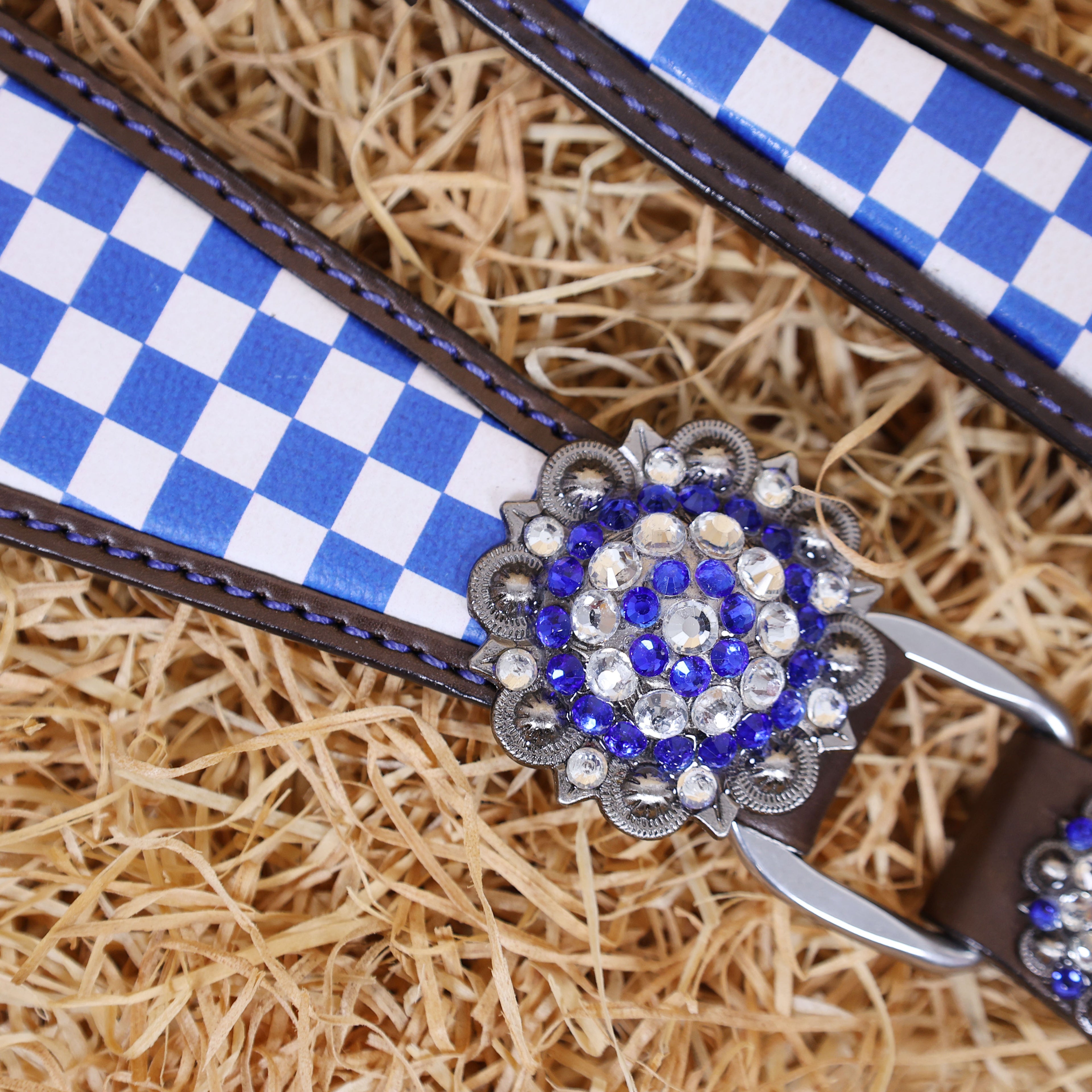 MOUSM Western Leather Headstall and Breast Collar Set – Argentina Cow Leather Horse Tack Set Decorated with Blue Checkered Vector Flags Illustration Design on White Background and Shining Rhinestone Conchos.