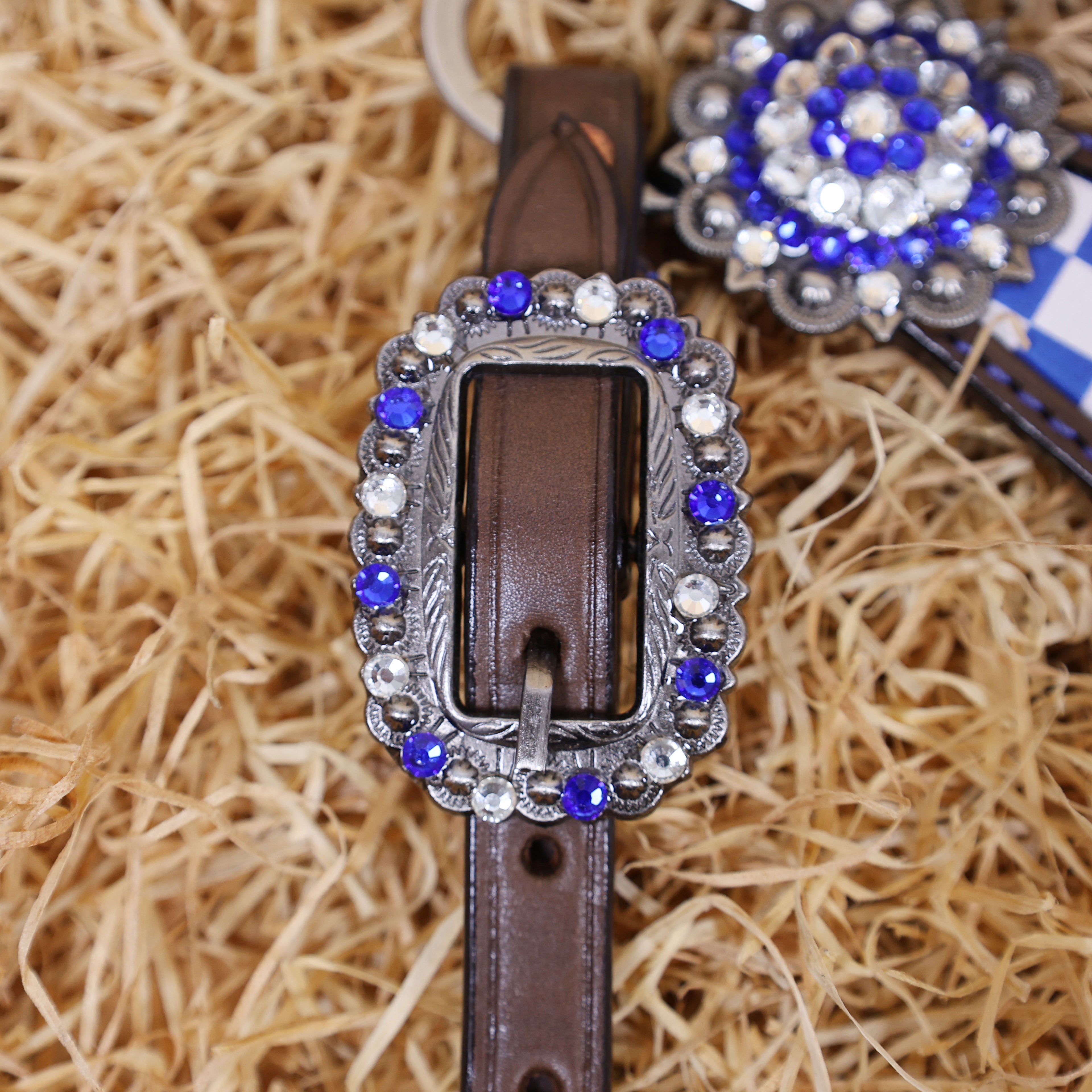MOUSM Western Leather Headstall and Breast Collar Set – Argentina Cow Leather Horse Tack Set Decorated with Blue Checkered Vector Flags Illustration Design on White Background and Shining Rhinestone Conchos.