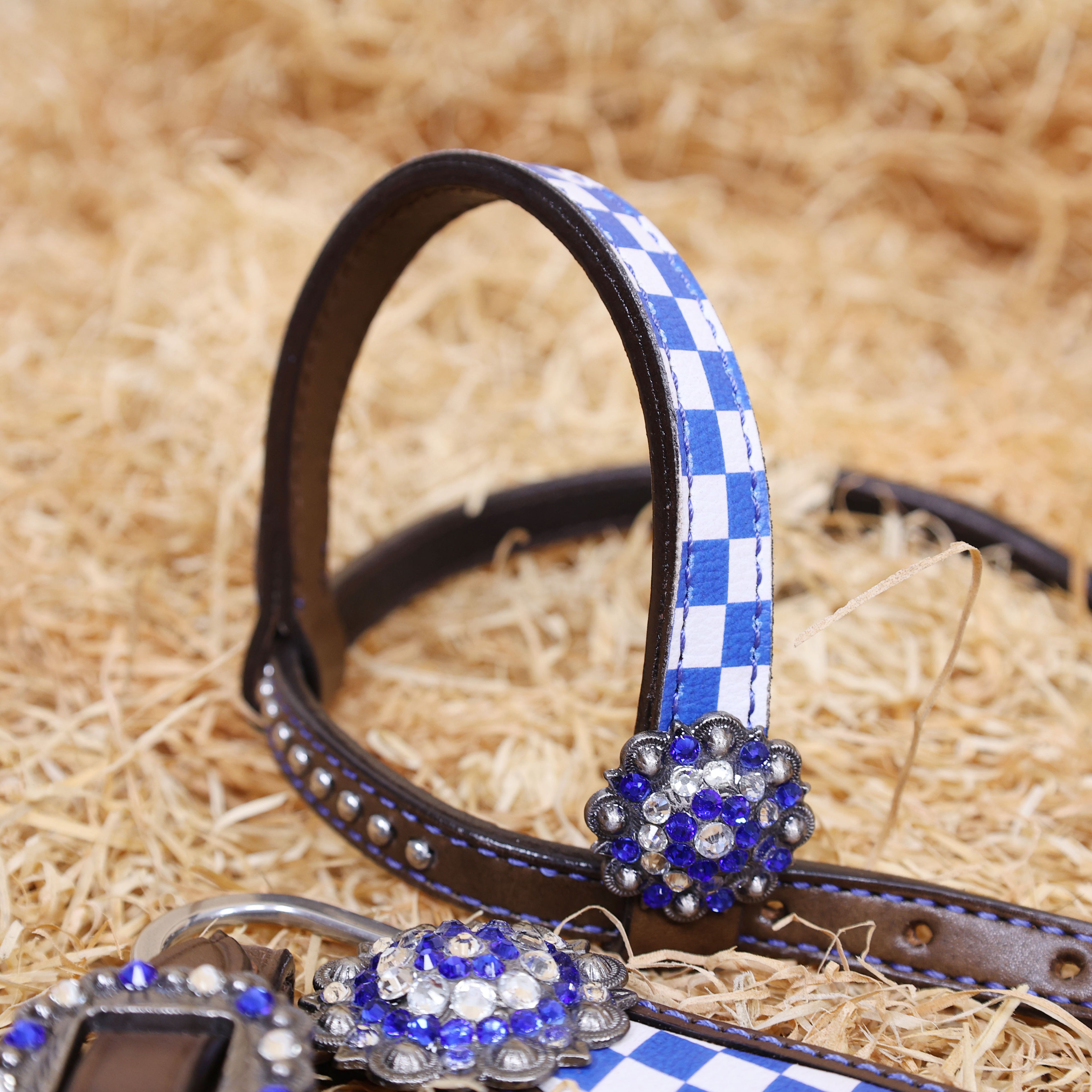 MOUSM Western Leather Headstall and Breast Collar Set – Argentina Cow Leather Horse Tack Set Decorated with Blue Checkered Vector Flags Illustration Design on White Background and Shining Rhinestone Conchos.