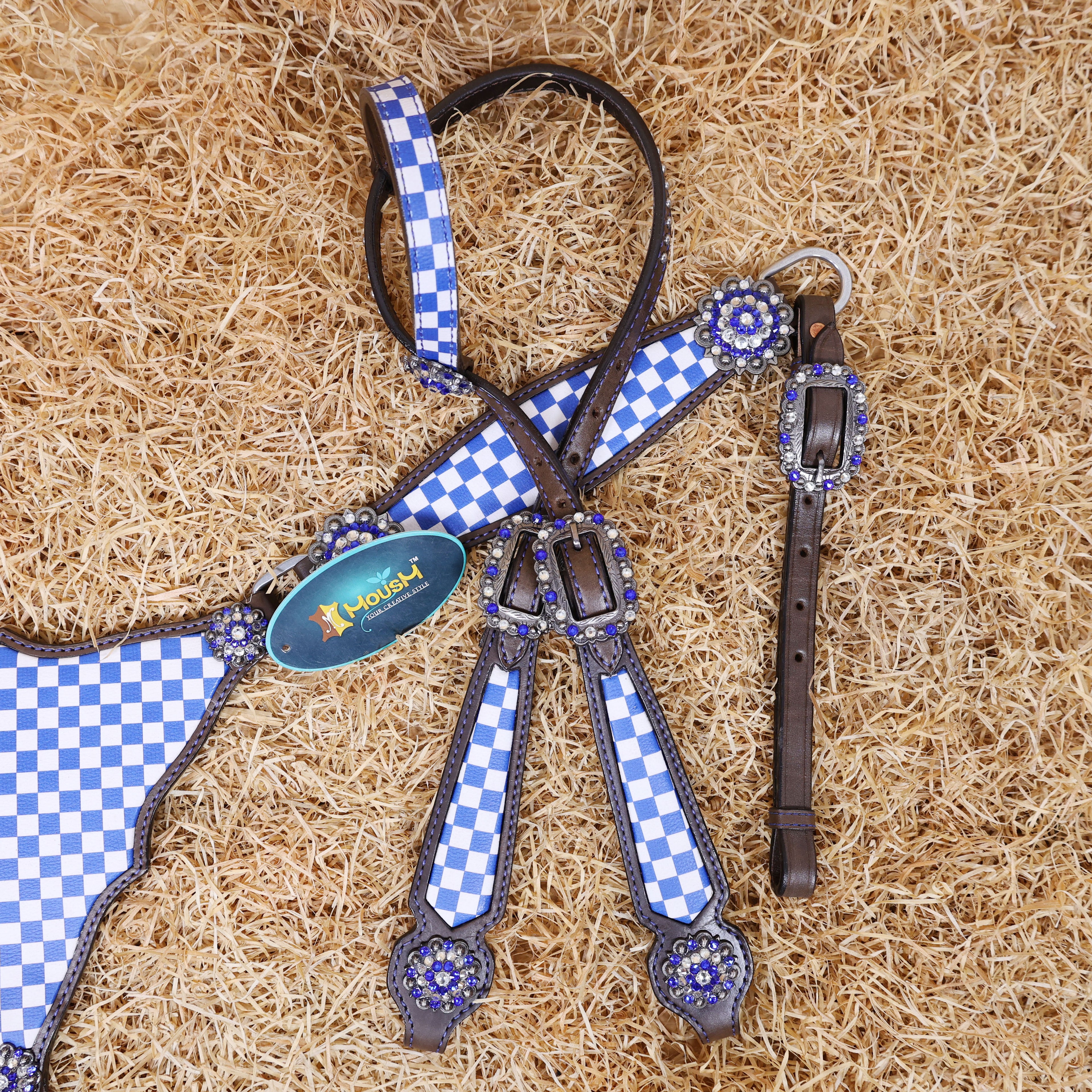 MOUSM Western Leather Headstall and Breast Collar Set – Argentina Cow Leather Horse Tack Set Decorated with Blue Checkered Vector Flags Illustration Design on White Background and Shining Rhinestone Conchos.