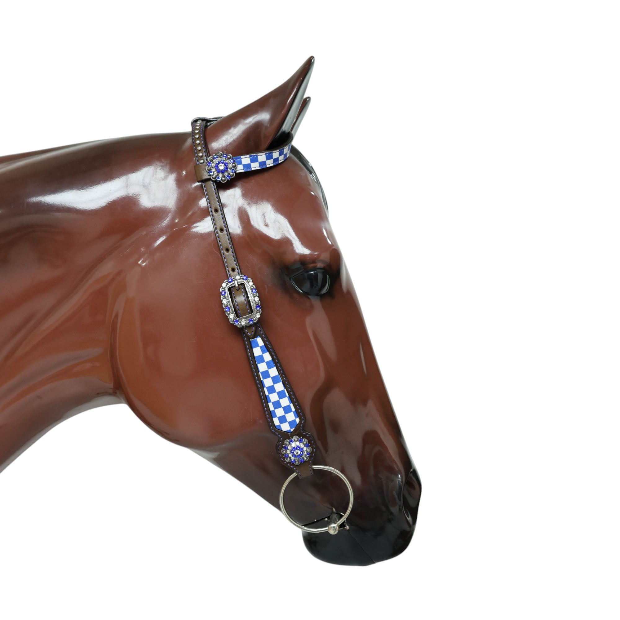 MOUSM Western Leather Headstall and Breast Collar Set – Argentina Cow Leather Horse Tack Set Decorated with Blue Checkered Vector Flags Illustration Design on White Background and Shining Rhinestone Conchos.