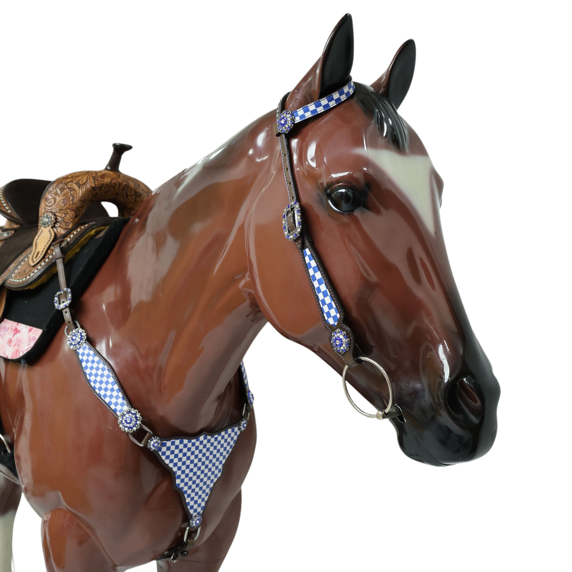 MOUSM Western Leather Headstall and Breast Collar Set – Argentina Cow Leather Horse Tack Set Decorated with Blue Checkered Vector Flags Illustration Design on White Background and Shining Rhinestone Conchos.