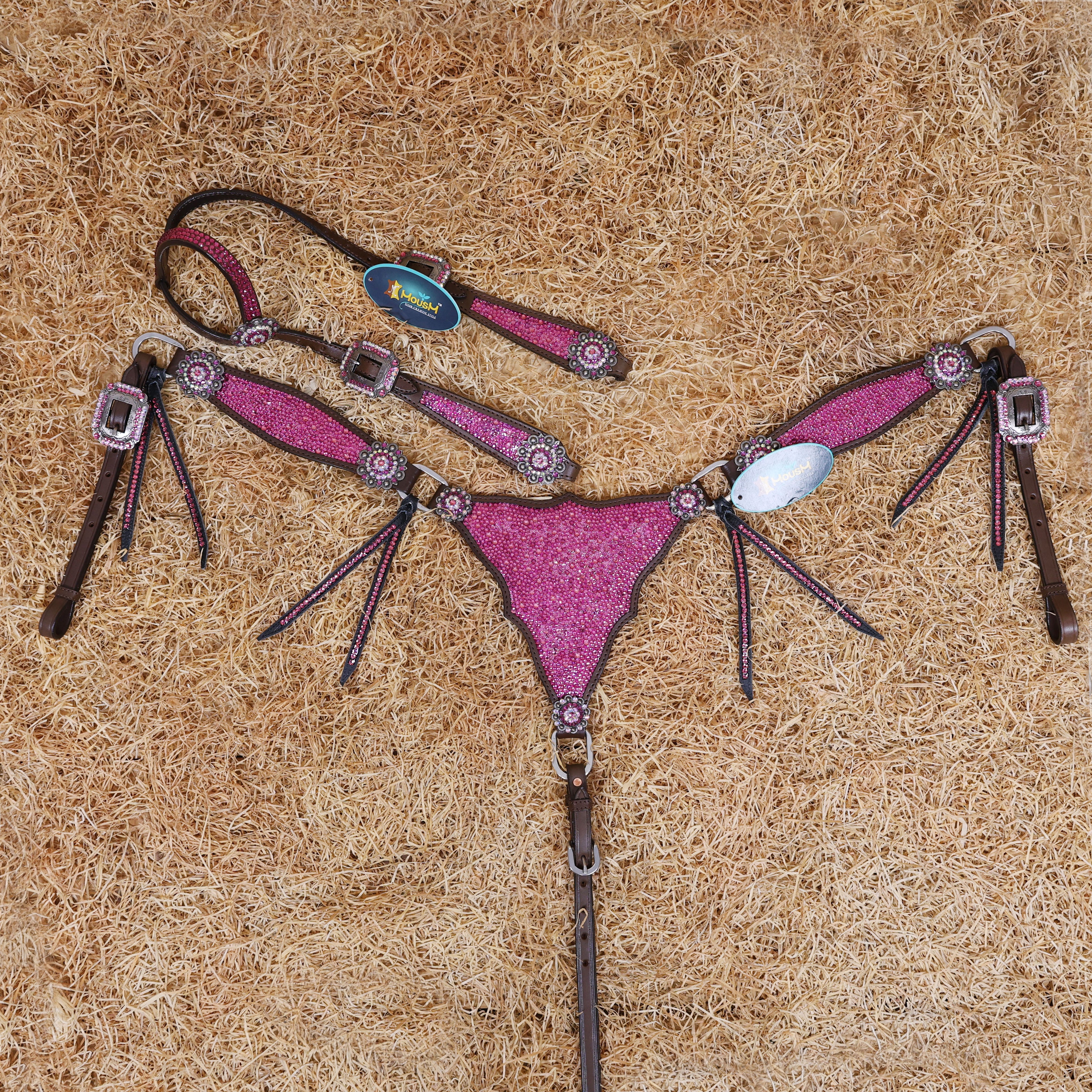 MOUSM Western Headstall and Breast Collar Set – Argentina Cow Leather Horse Tack Set Decorated with Pink Rhinestones on Gladiator Breast Collar with Roping and Bling Conchos.