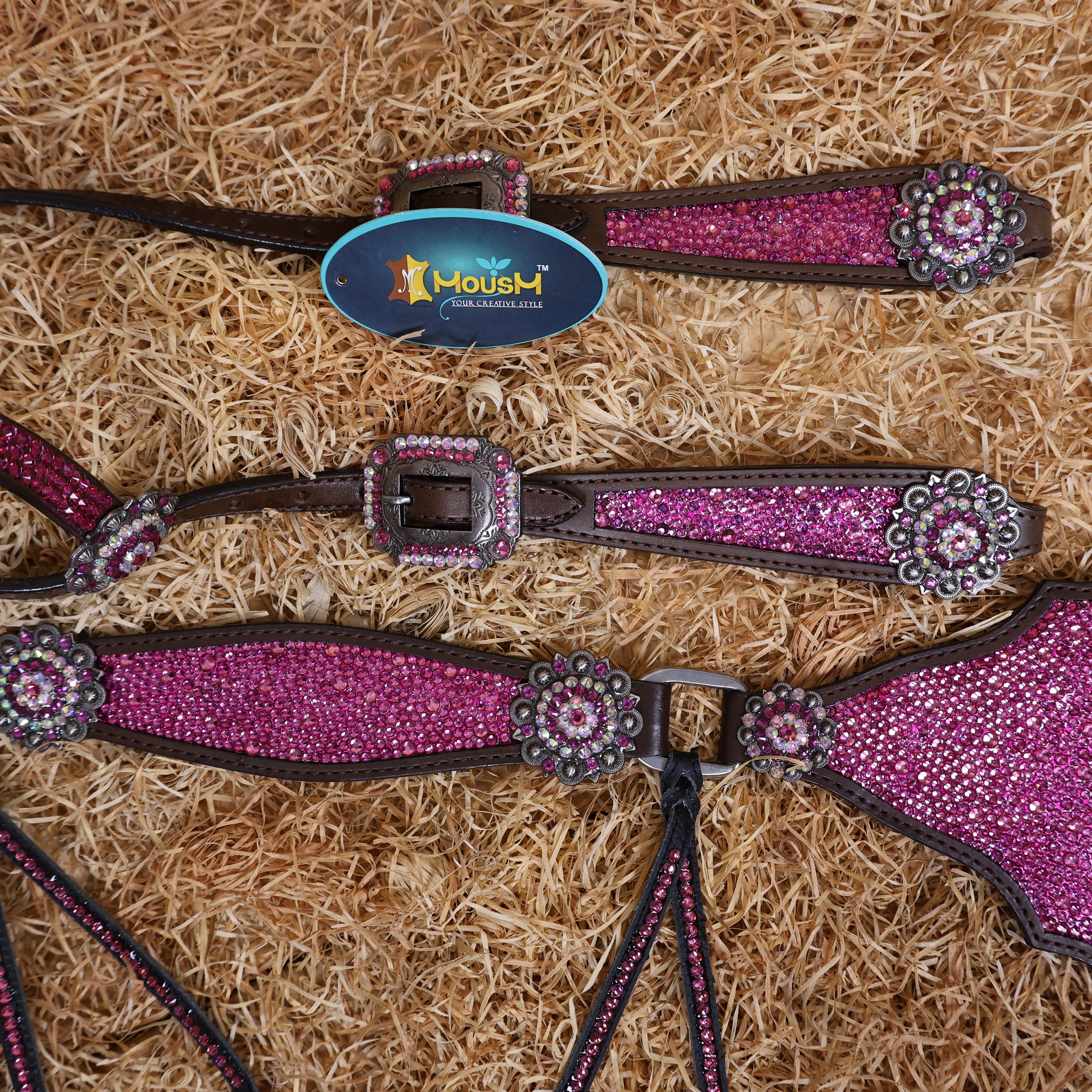 MOUSM Western Headstall and Breast Collar Set – Argentina Cow Leather Horse Tack Set Decorated with Pink Rhinestones on Gladiator Breast Collar with Roping and Bling Conchos.
