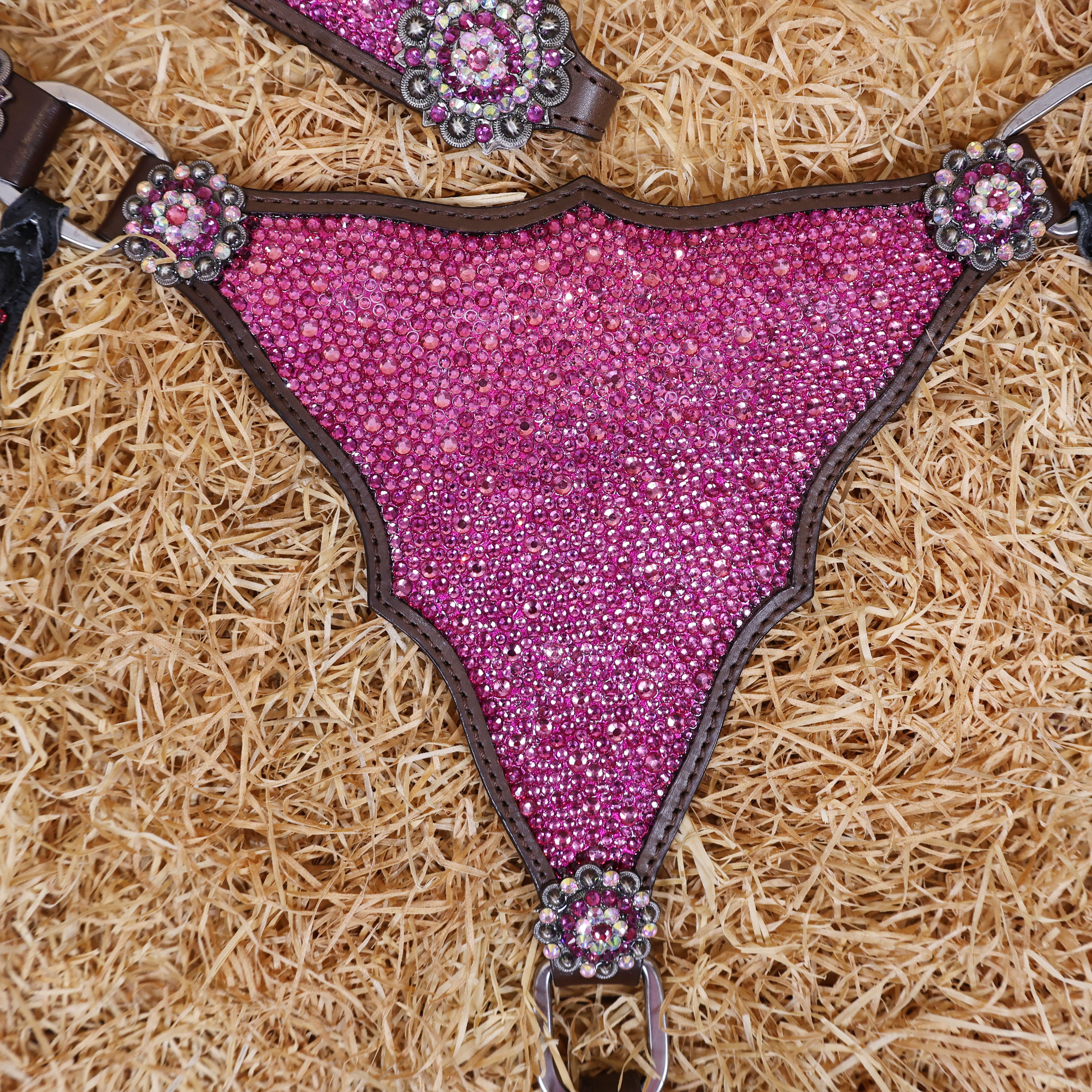 MOUSM Western Headstall and Breast Collar Set – Argentina Cow Leather Horse Tack Set Decorated with Pink Rhinestones on Gladiator Breast Collar with Roping and Bling Conchos.