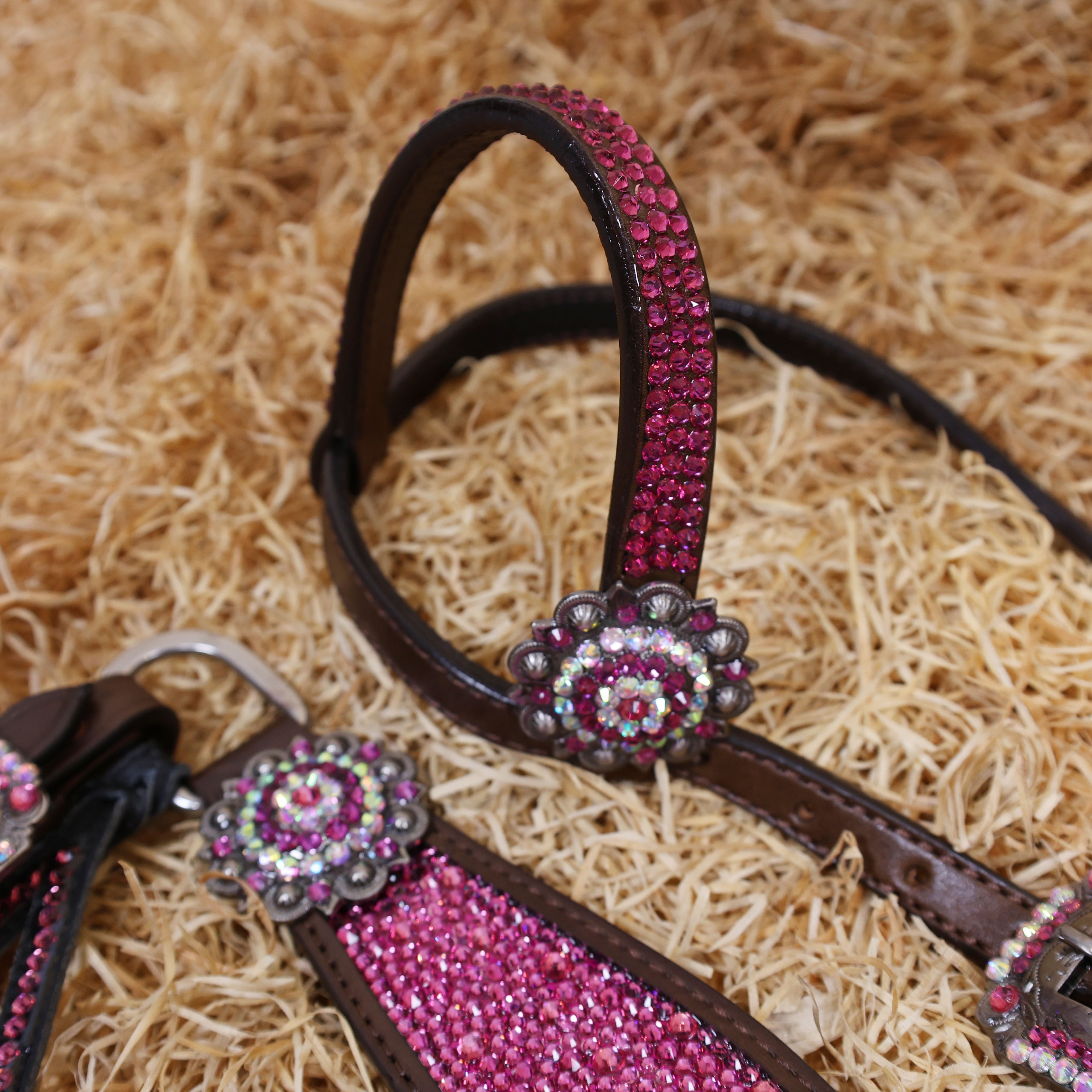 MOUSM Western Headstall and Breast Collar Set – Argentina Cow Leather Horse Tack Set Decorated with Pink Rhinestones on Gladiator Breast Collar with Roping and Bling Conchos.