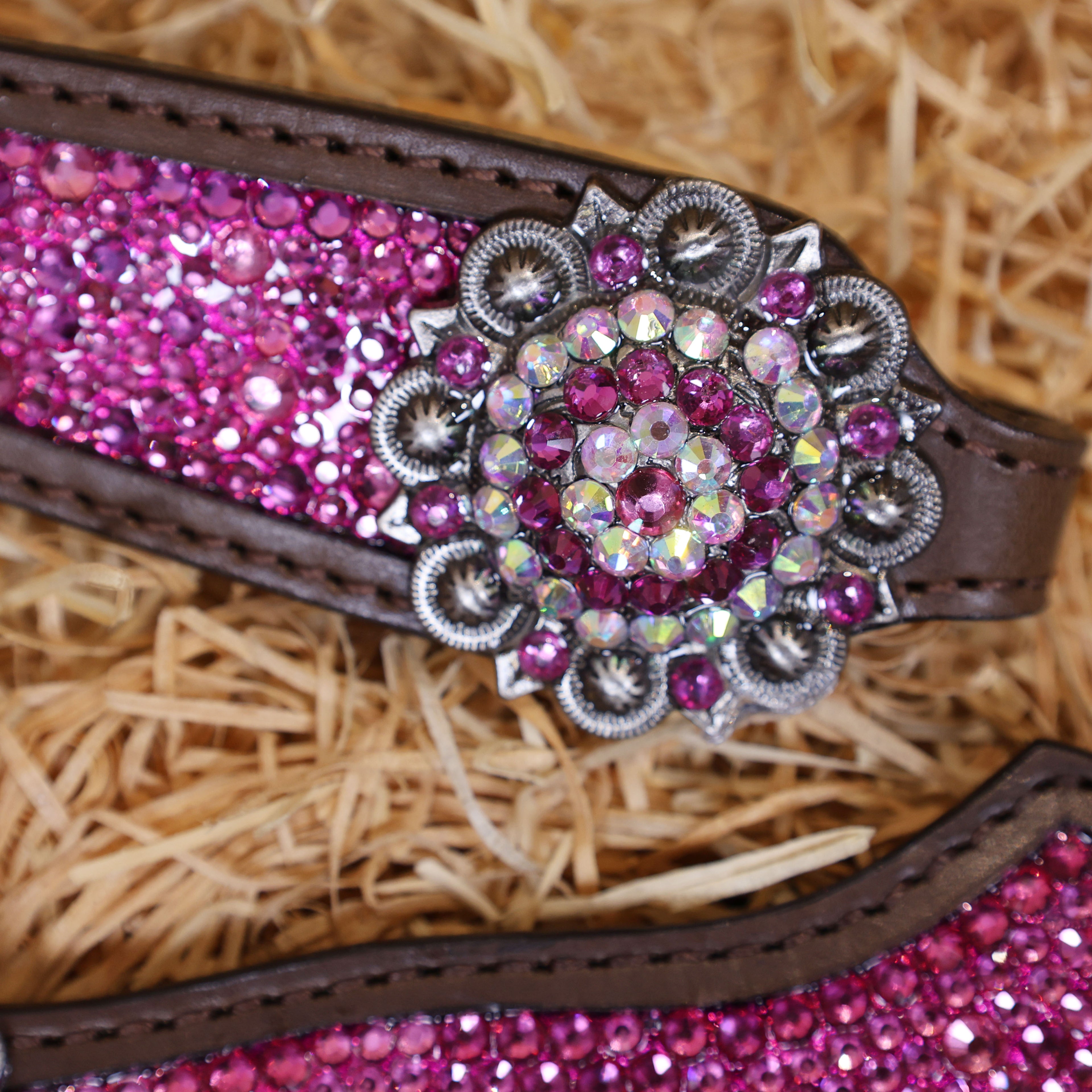 MOUSM Western Headstall and Breast Collar Set – Argentina Cow Leather Horse Tack Set Decorated with Pink Rhinestones on Gladiator Breast Collar with Roping and Bling Conchos.