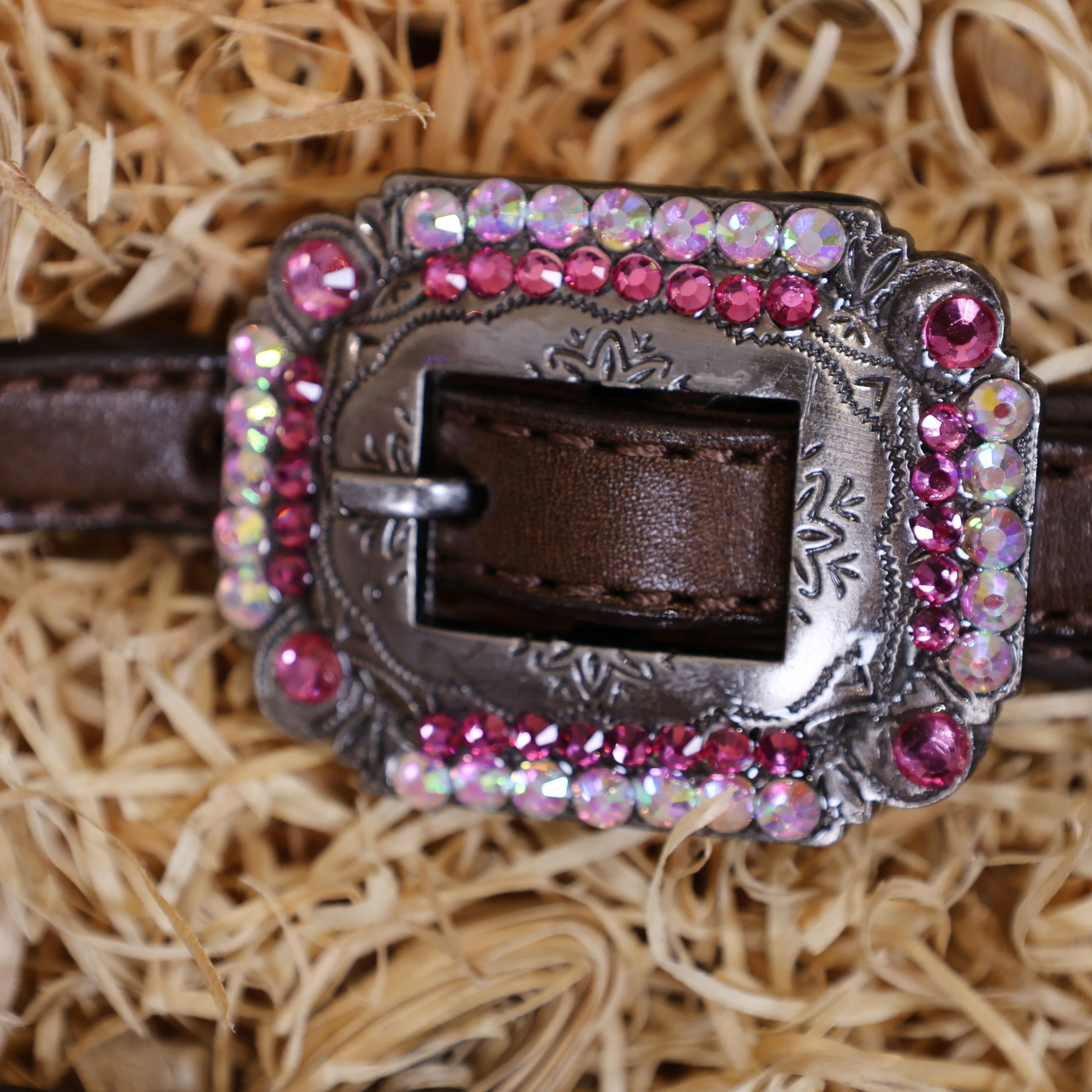 MOUSM Western Headstall and Breast Collar Set – Argentina Cow Leather Horse Tack Set Decorated with Pink Rhinestones on Gladiator Breast Collar with Roping and Bling Conchos.