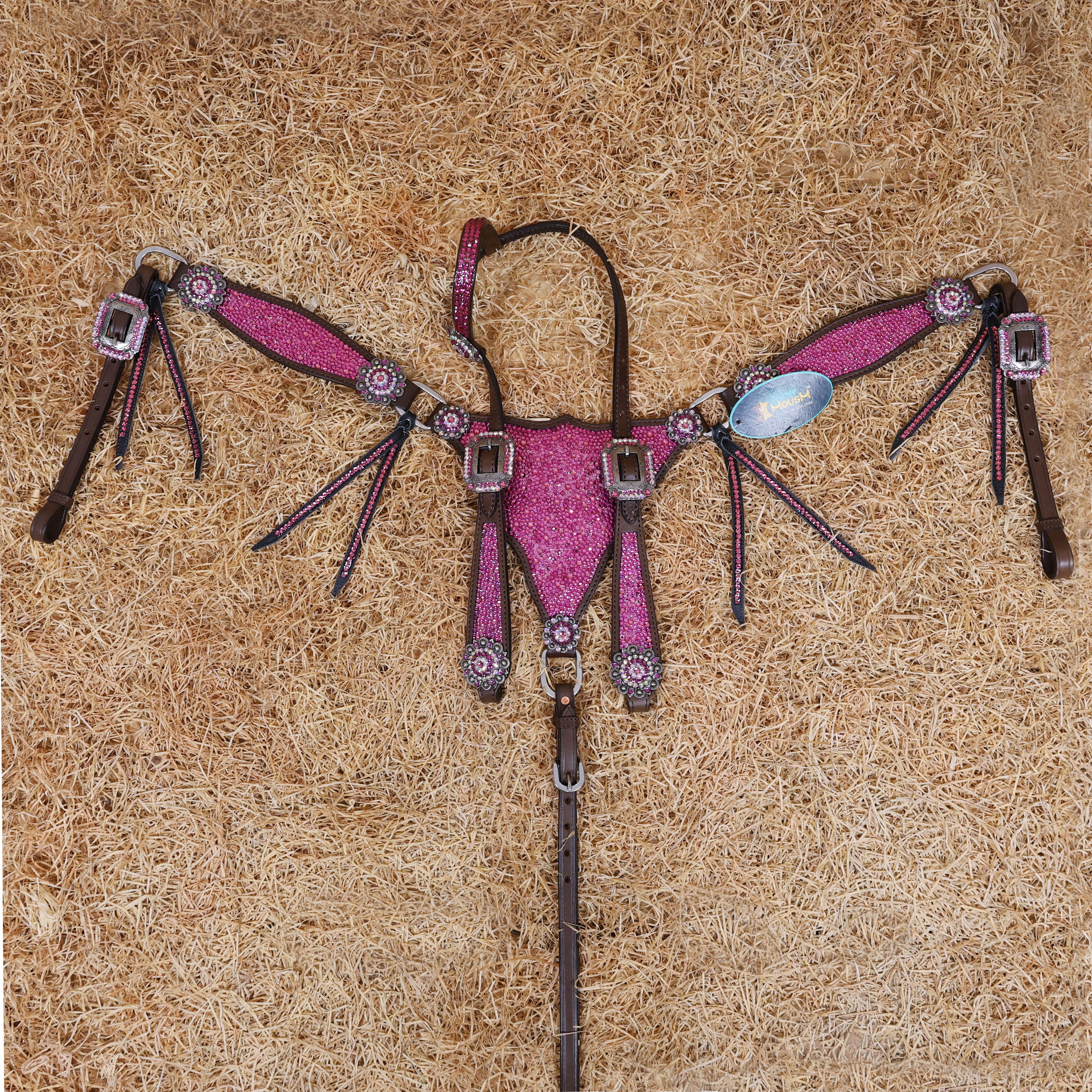 MOUSM Western Headstall and Breast Collar Set – Argentina Cow Leather Horse Tack Set Decorated with Pink Rhinestones on Gladiator Breast Collar with Roping and Bling Conchos.