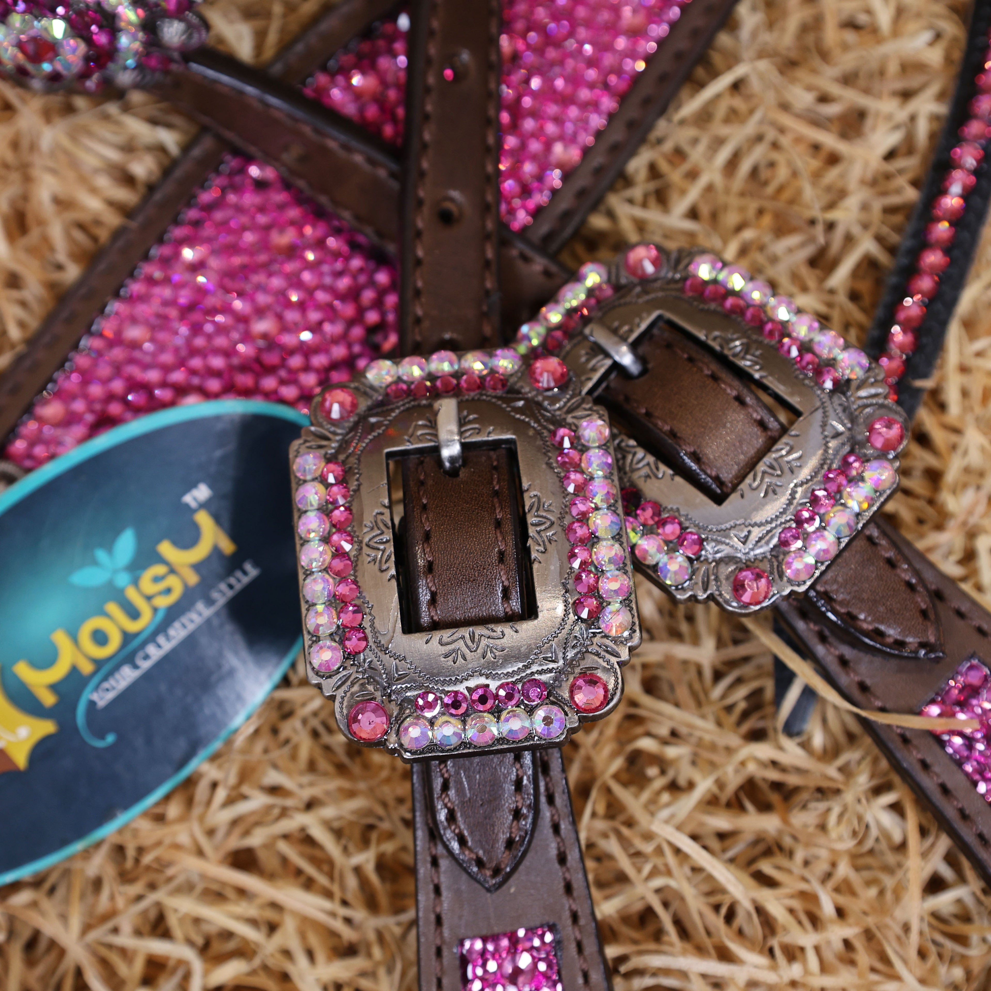MOUSM Western Headstall and Breast Collar Set – Argentina Cow Leather Horse Tack Set Decorated with Pink Rhinestones on Gladiator Breast Collar with Roping and Bling Conchos.