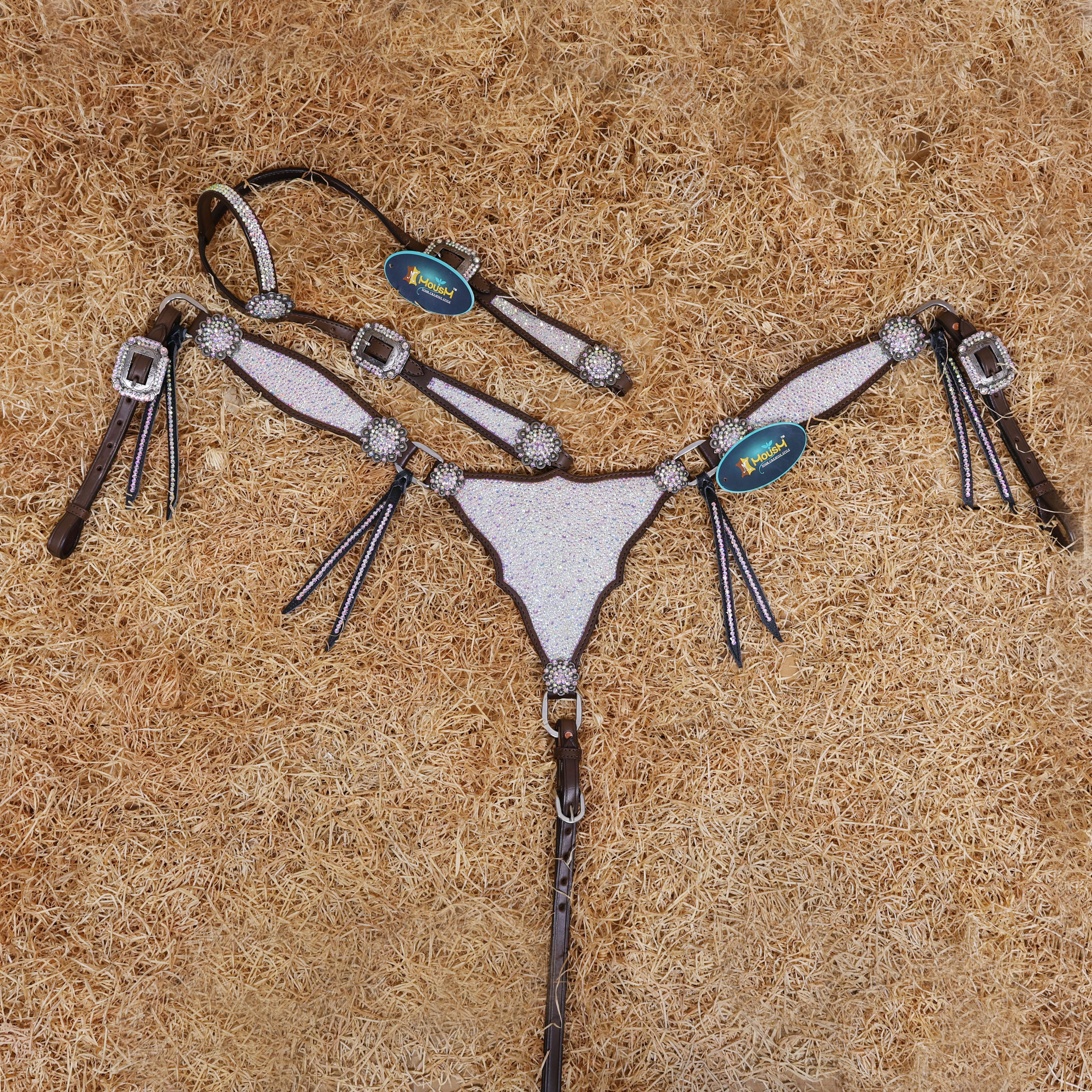 MOUSM Western Headstall and Breast Collar Set – Argentina Cow Leather Horse Tack Set Decorated with AB Rhinestones on Gladiator Breast Collar with Roping and Bling Conchos.