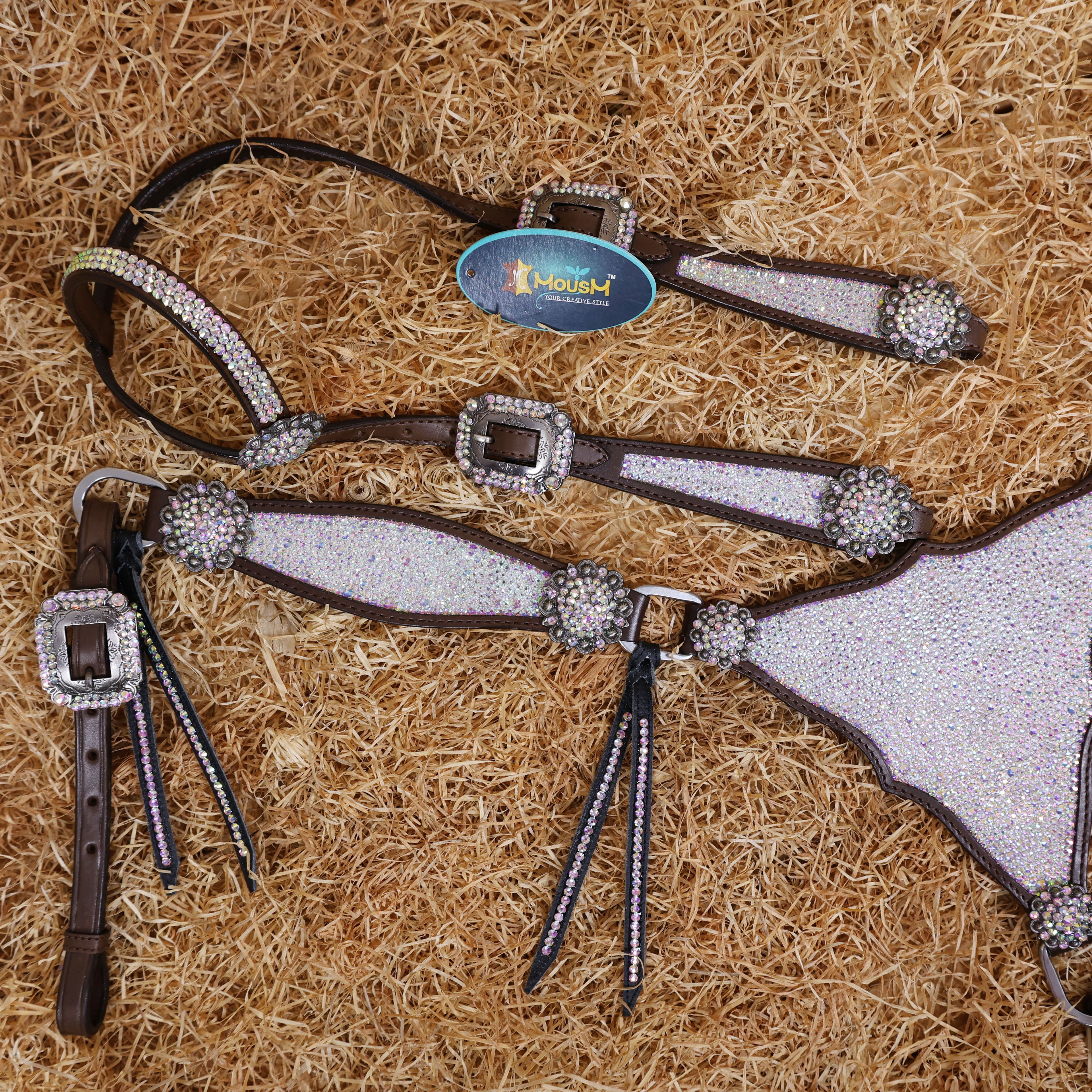 MOUSM Western Headstall and Breast Collar Set – Argentina Cow Leather Horse Tack Set Decorated with AB Rhinestones on Gladiator Breast Collar with Roping and Bling Conchos.