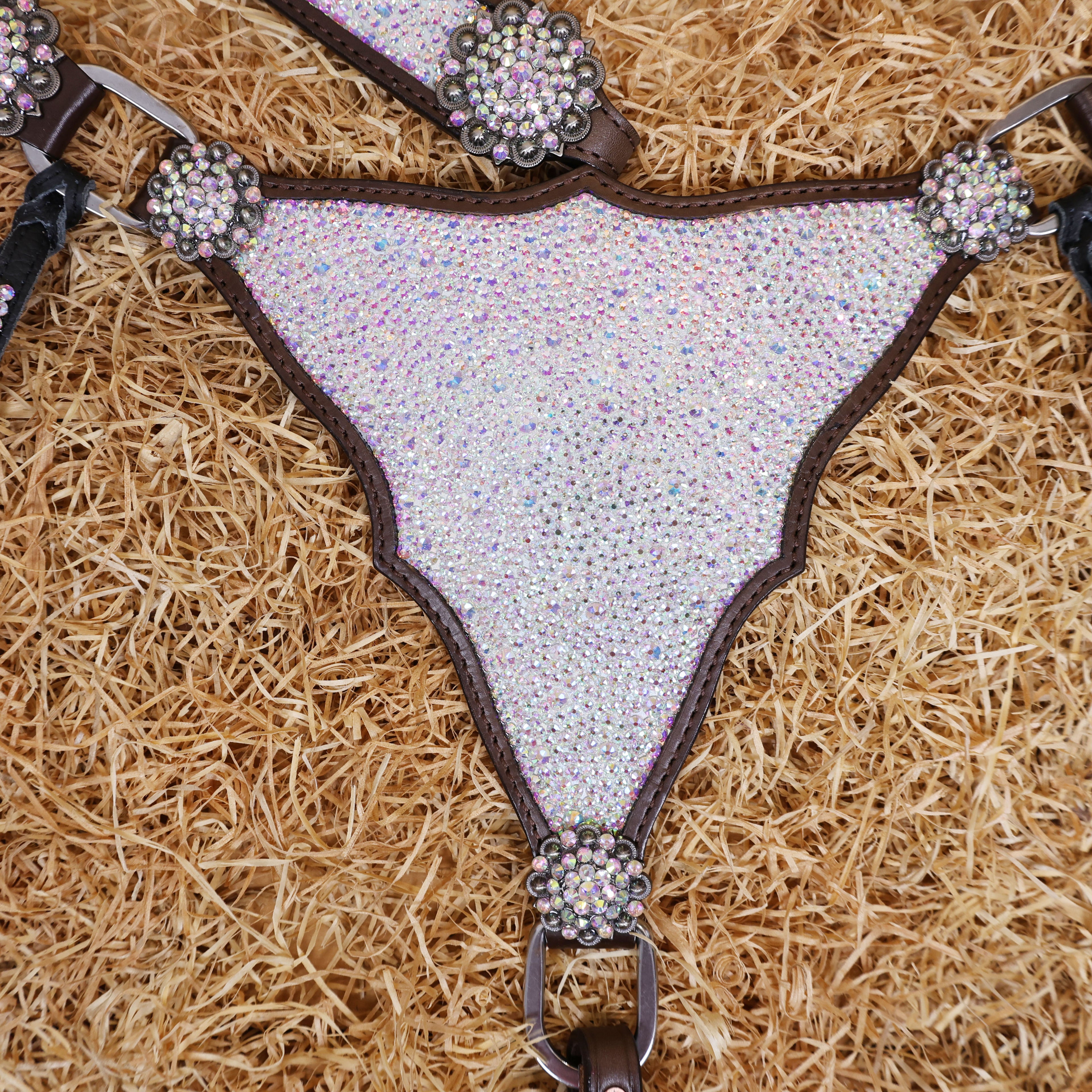 MOUSM Western Headstall and Breast Collar Set – Argentina Cow Leather Horse Tack Set Decorated with AB Rhinestones on Gladiator Breast Collar with Roping and Bling Conchos.