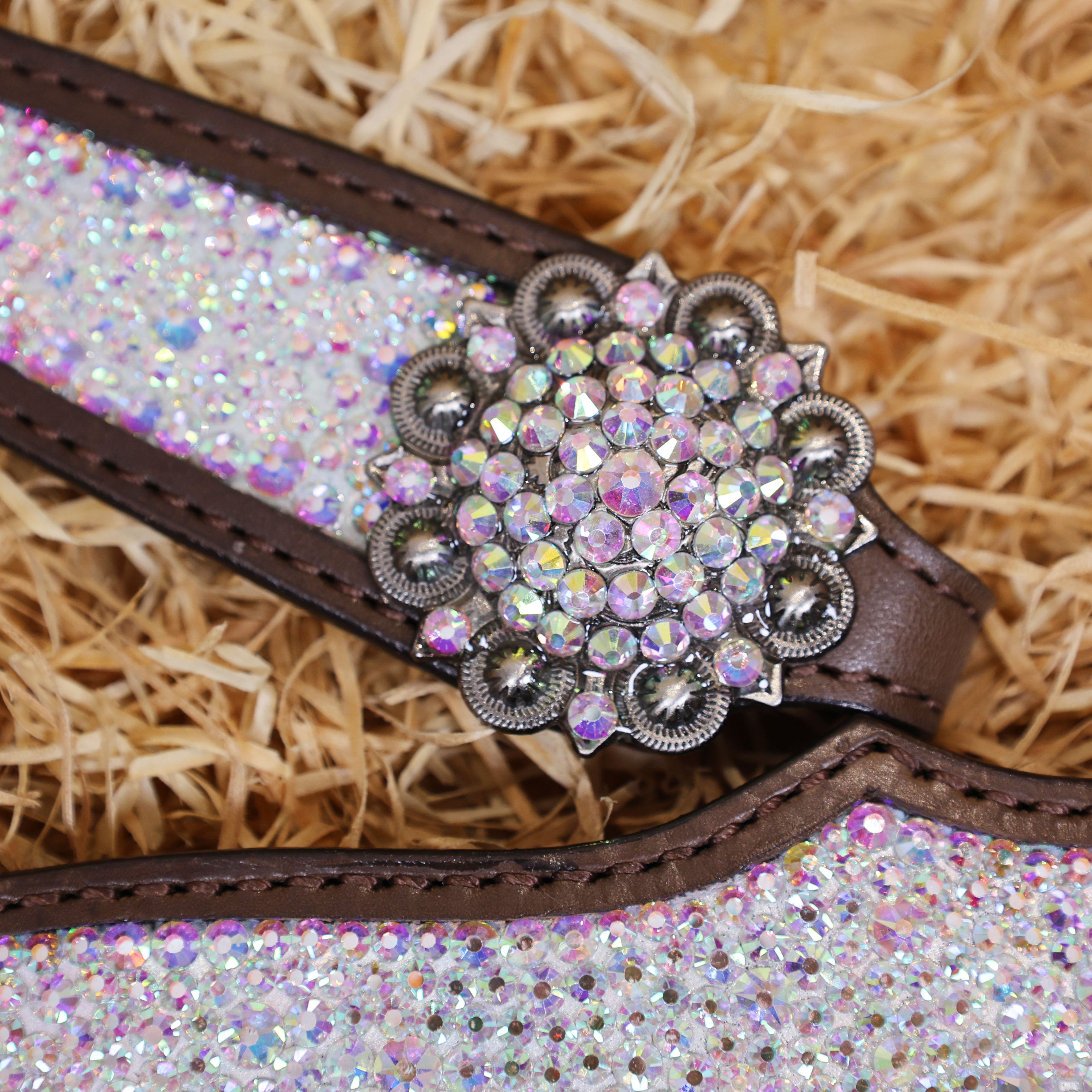 MOUSM Western Headstall and Breast Collar Set – Argentina Cow Leather Horse Tack Set Decorated with AB Rhinestones on Gladiator Breast Collar with Roping and Bling Conchos.