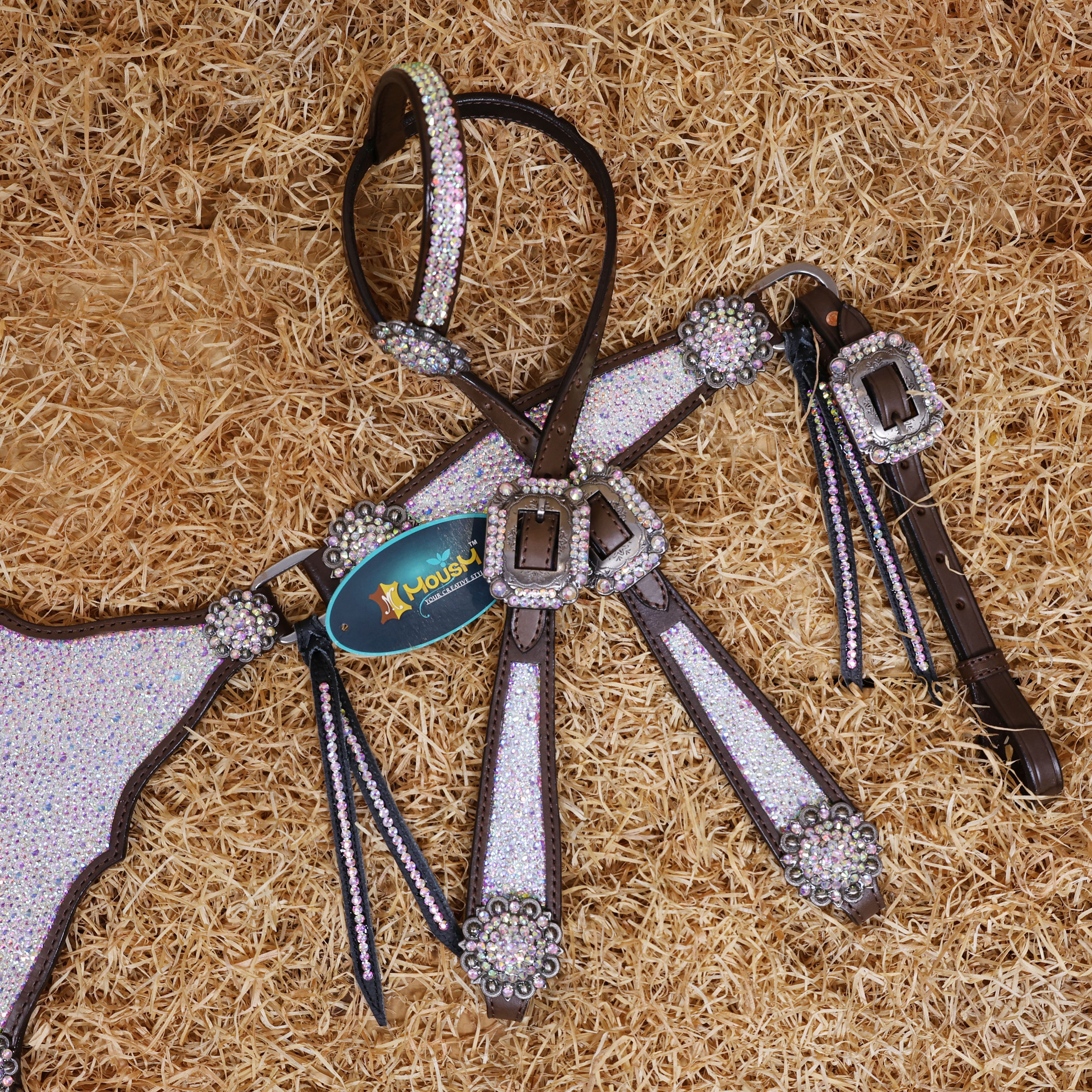 MOUSM Western Headstall and Breast Collar Set – Argentina Cow Leather Horse Tack Set Decorated with AB Rhinestones on Gladiator Breast Collar with Roping and Bling Conchos.