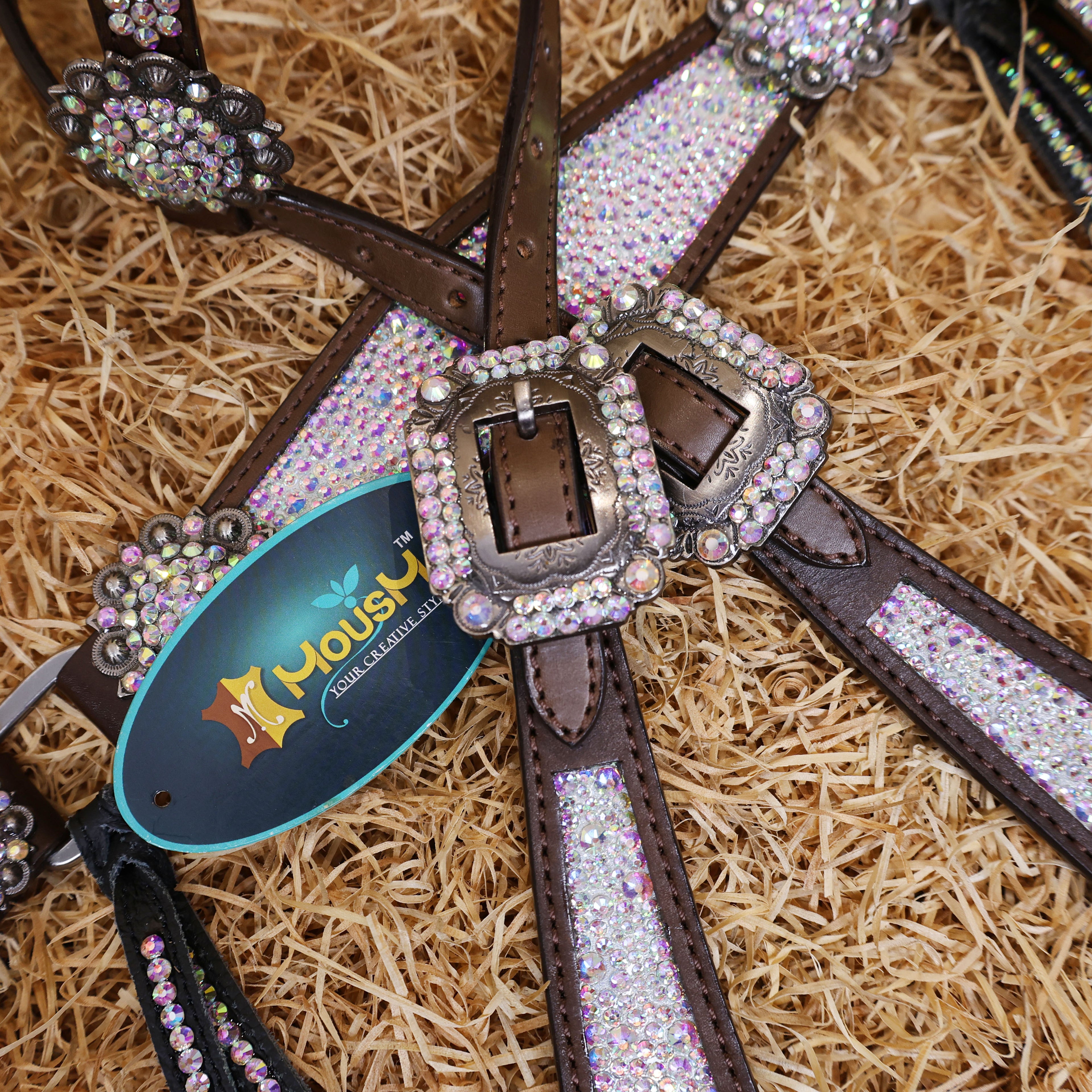 MOUSM Western Headstall and Breast Collar Set – Argentina Cow Leather Horse Tack Set Decorated with AB Rhinestones on Gladiator Breast Collar with Roping and Bling Conchos.