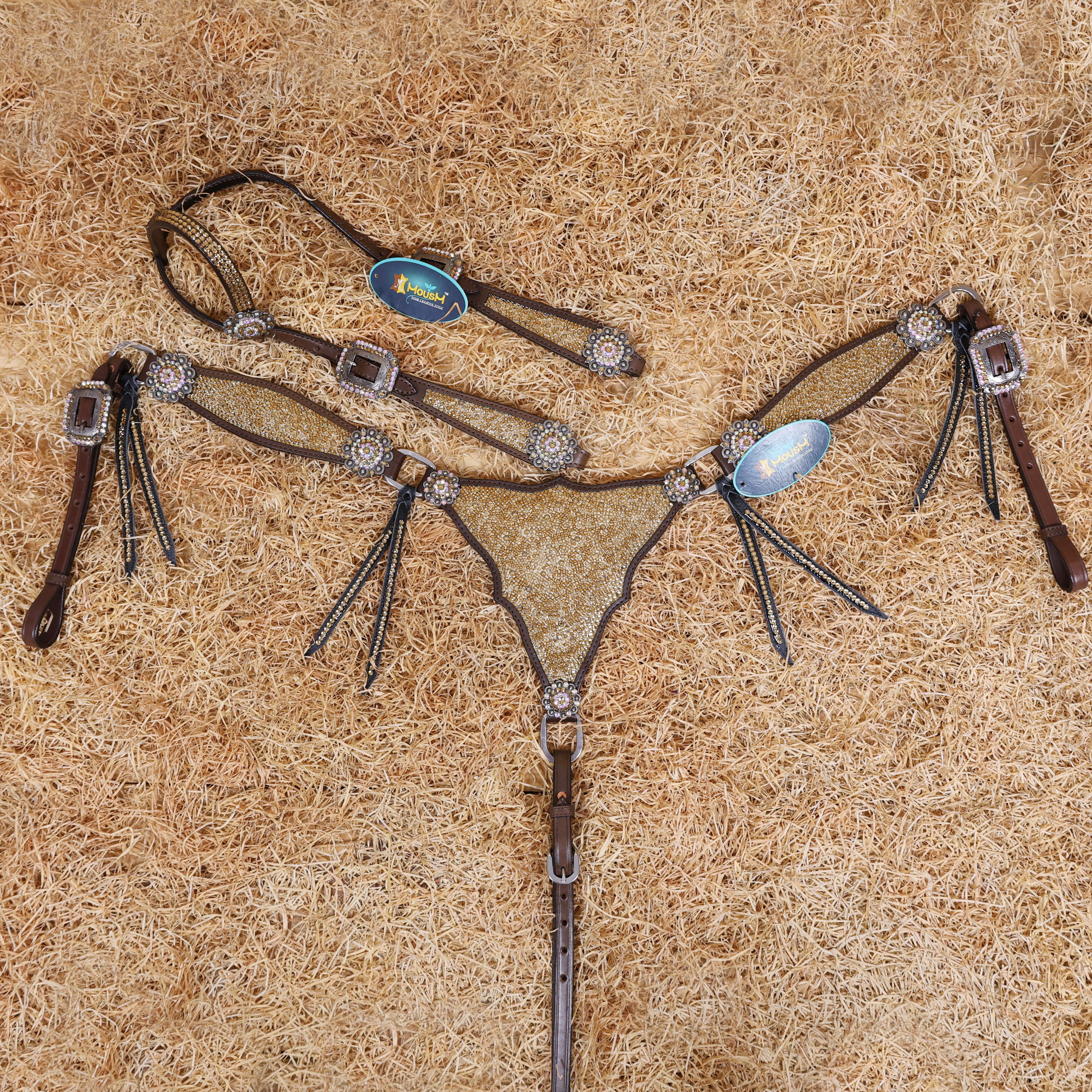 MOUSM Western Headstall and Breast Collar Set – Argentina Cow Leather Horse Tack Set Decorated with Topaz Rhinestones on Gladiator Breast Collar with Roping and Bling Conchos.