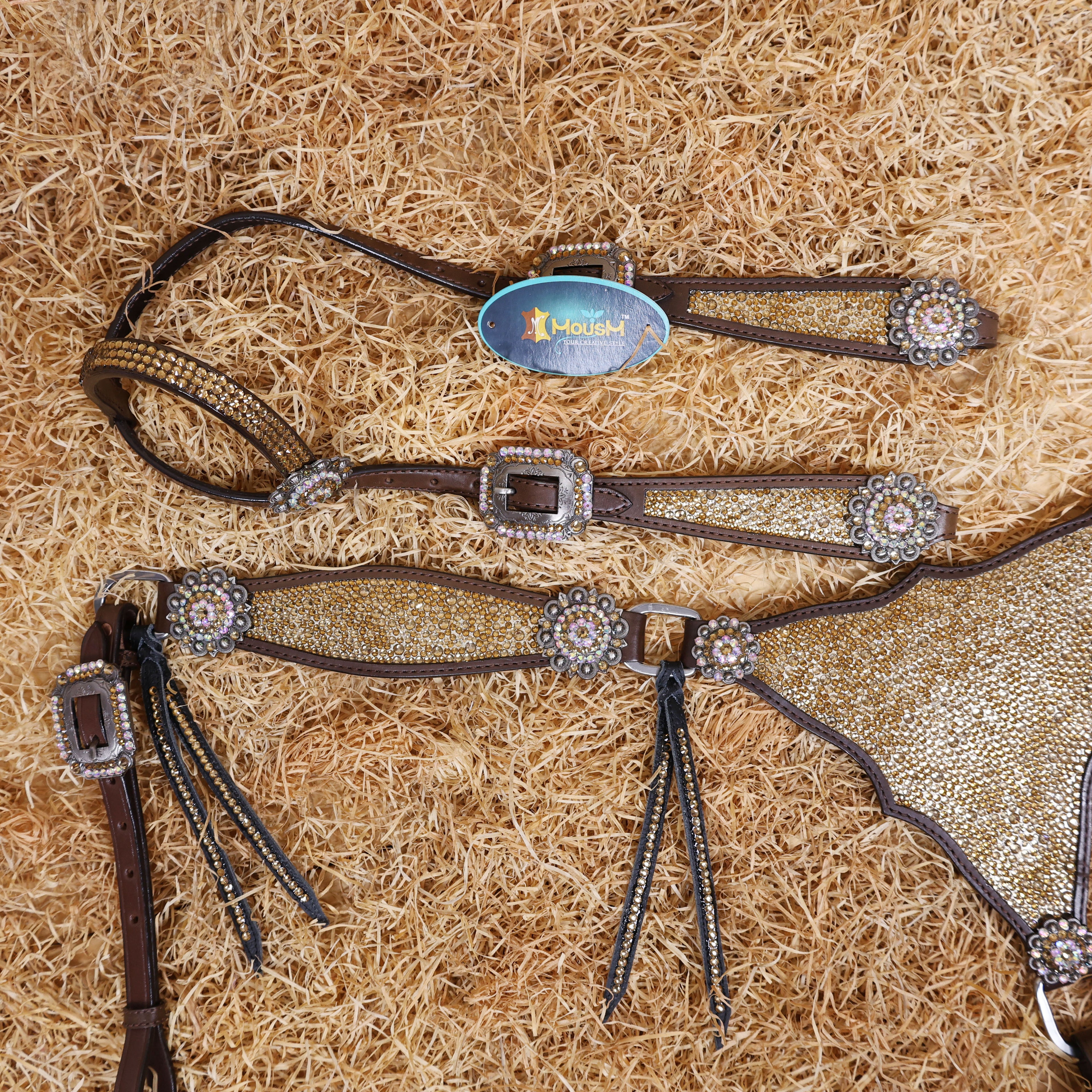 MOUSM Western Headstall and Breast Collar Set – Argentina Cow Leather Horse Tack Set Decorated with Topaz Rhinestones on Gladiator Breast Collar with Roping and Bling Conchos.