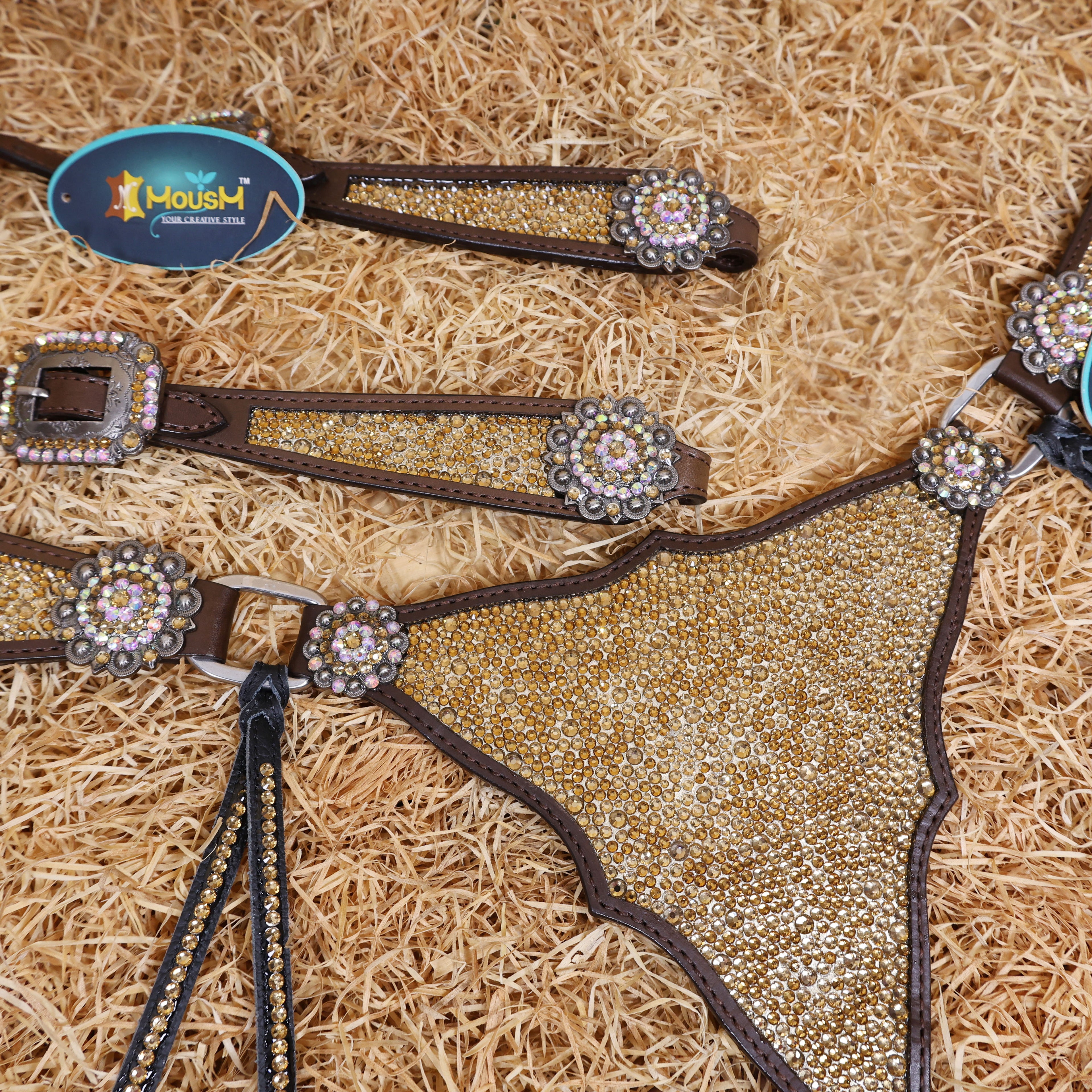 MOUSM Western Headstall and Breast Collar Set – Argentina Cow Leather Horse Tack Set Decorated with Topaz Rhinestones on Gladiator Breast Collar with Roping and Bling Conchos.