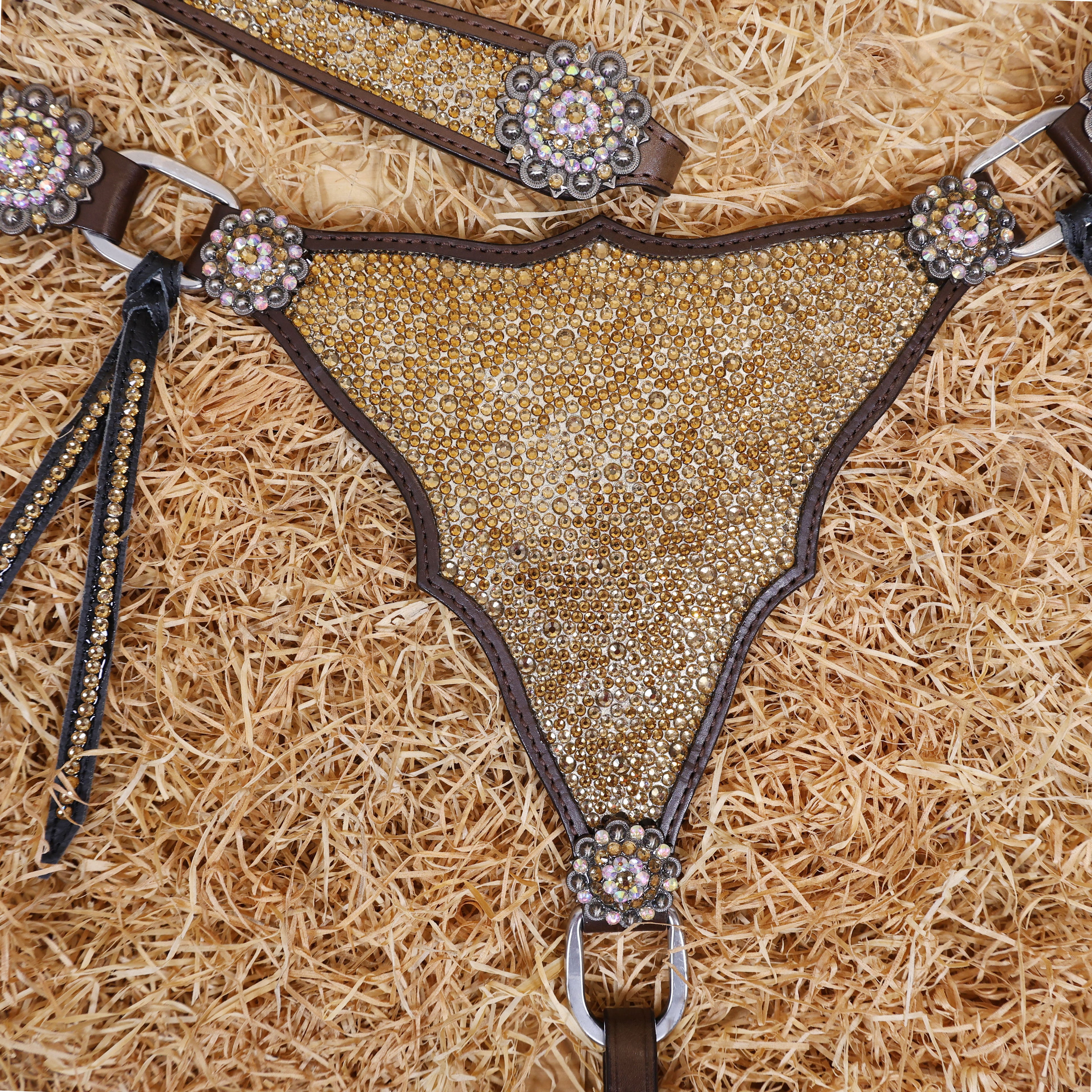 MOUSM Western Headstall and Breast Collar Set – Argentina Cow Leather Horse Tack Set Decorated with Topaz Rhinestones on Gladiator Breast Collar with Roping and Bling Conchos.