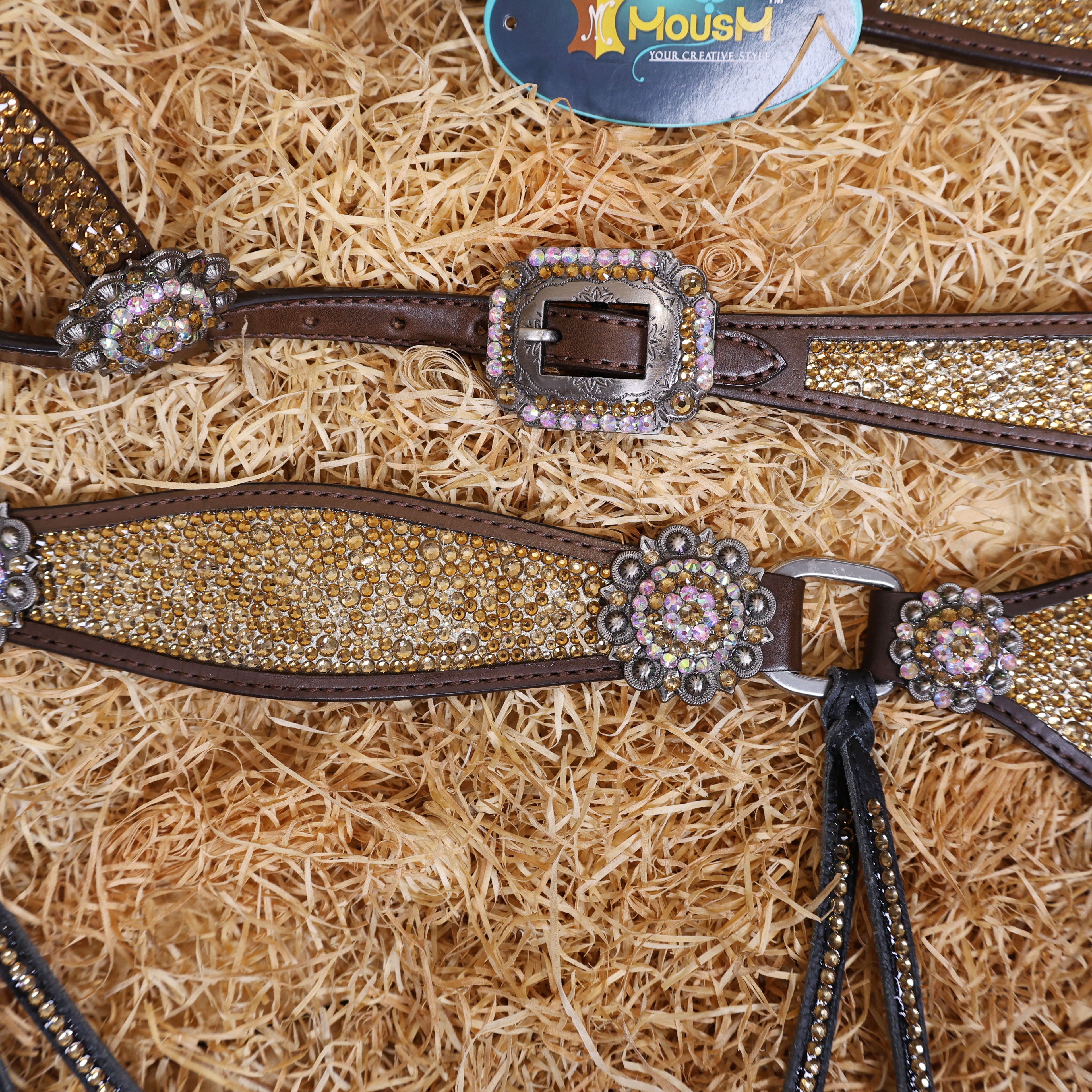 MOUSM Western Headstall and Breast Collar Set – Argentina Cow Leather Horse Tack Set Decorated with Topaz Rhinestones on Gladiator Breast Collar with Roping and Bling Conchos.