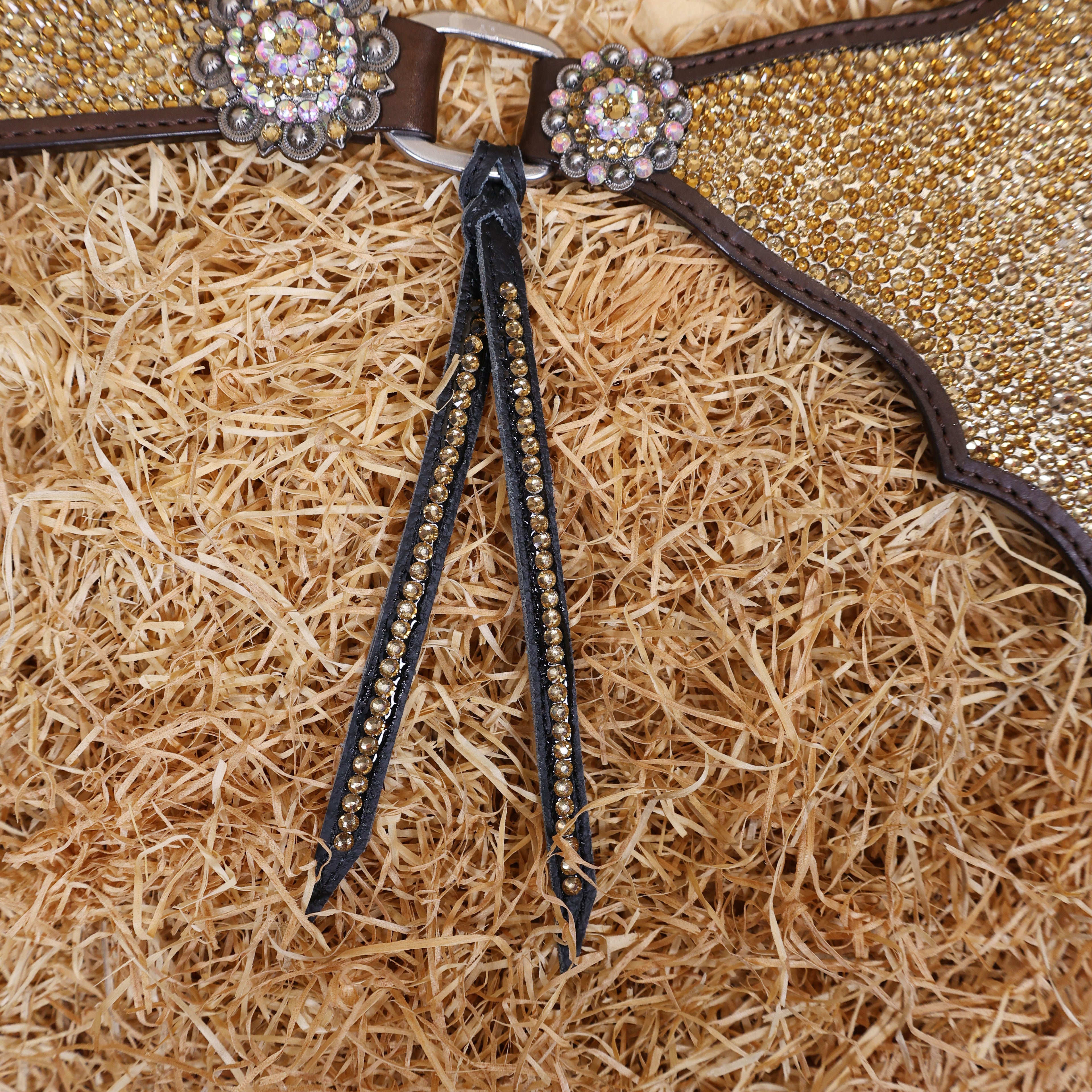 MOUSM Western Headstall and Breast Collar Set – Argentina Cow Leather Horse Tack Set Decorated with Topaz Rhinestones on Gladiator Breast Collar with Roping and Bling Conchos.