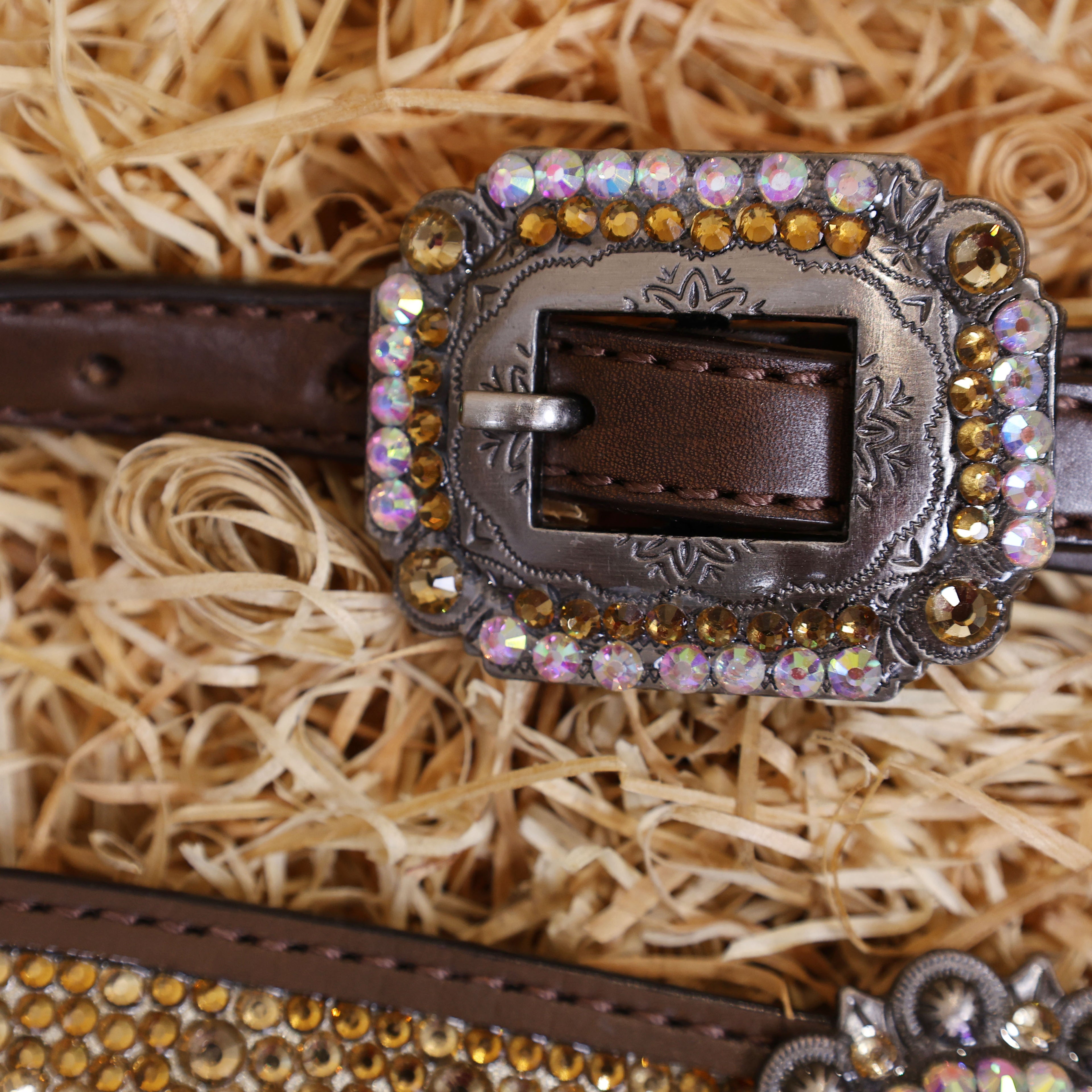 MOUSM Western Headstall and Breast Collar Set – Argentina Cow Leather Horse Tack Set Decorated with Topaz Rhinestones on Gladiator Breast Collar with Roping and Bling Conchos.