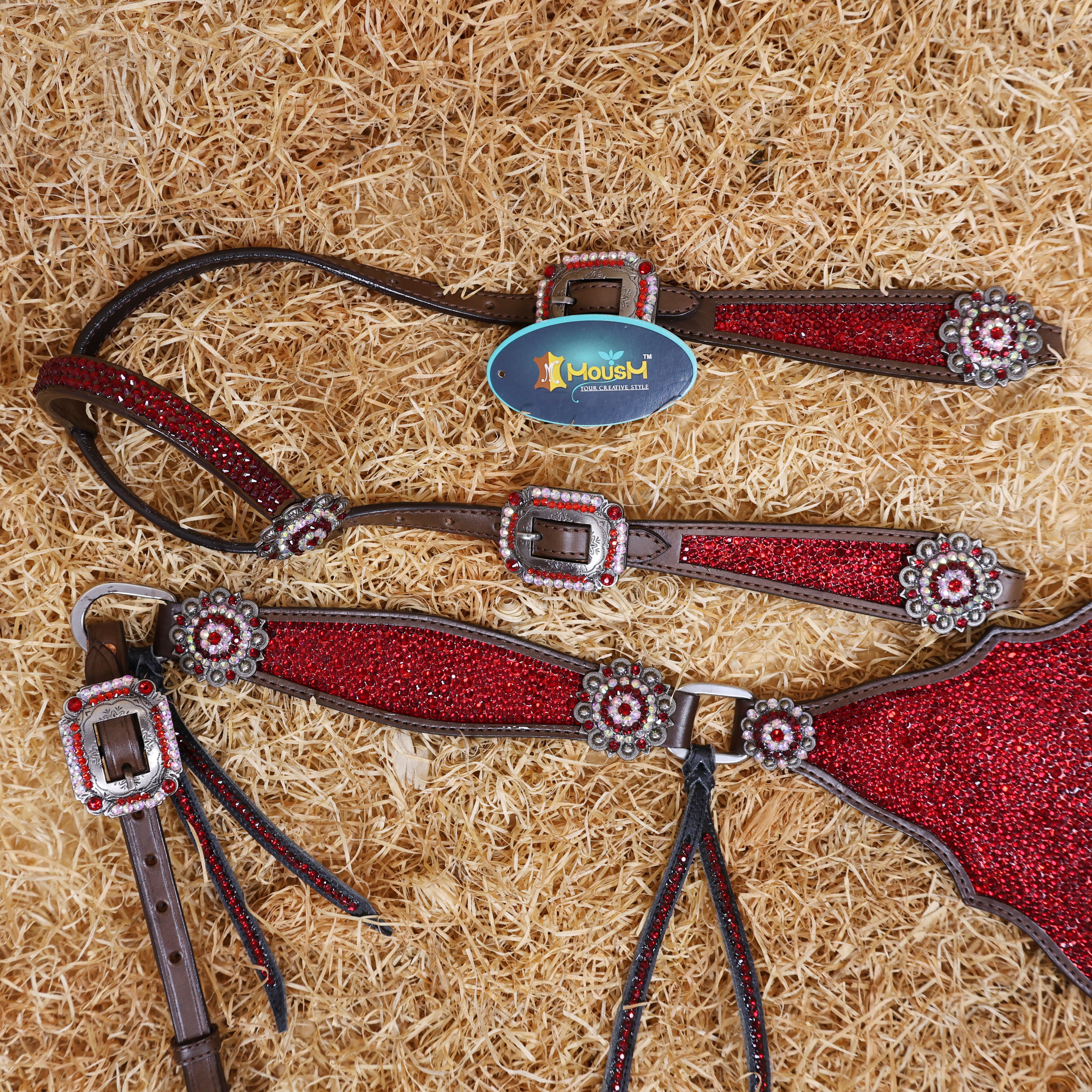 MOUSM Western Headstall and Breast Collar Set – Argentina Cow Leather Horse Tack Set Decorated with Red Rhinestones on Gladiator Breast Collar with Roping and Bling Conchos.