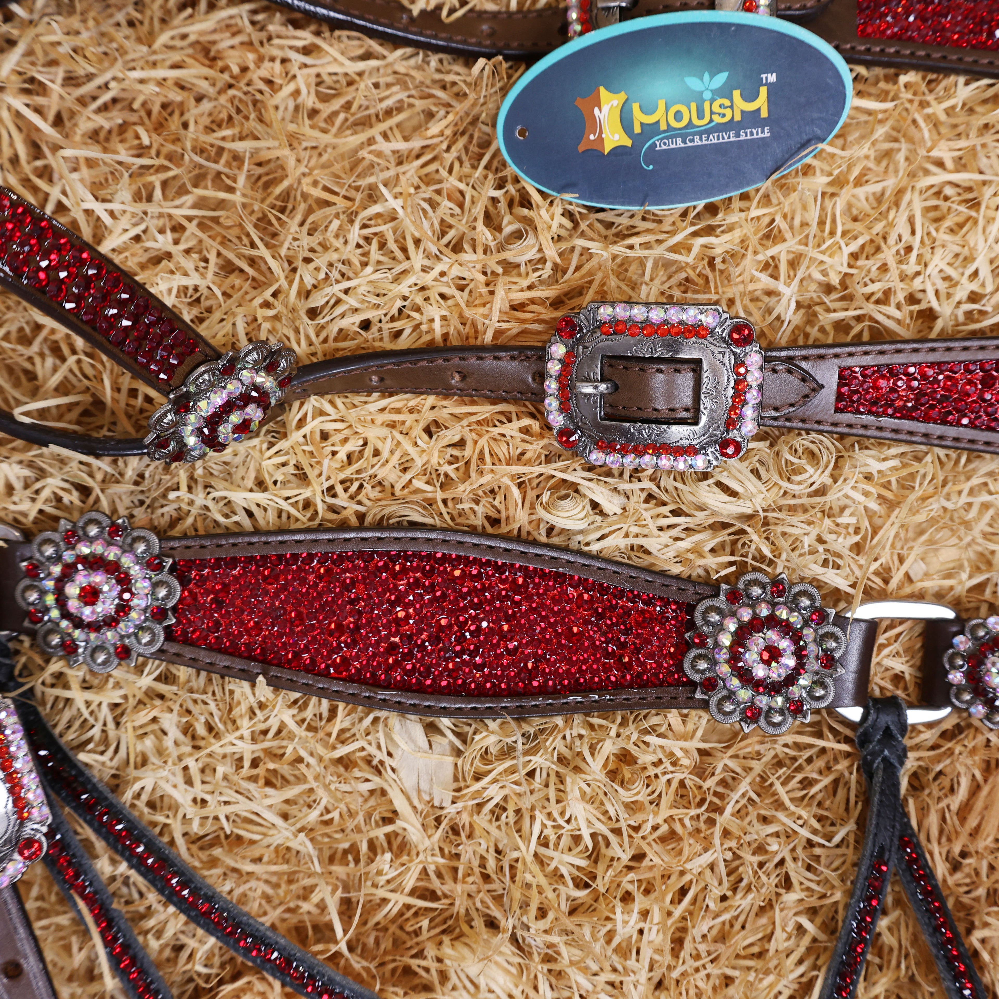 MOUSM Western Headstall and Breast Collar Set – Argentina Cow Leather Horse Tack Set Decorated with Red Rhinestones on Gladiator Breast Collar with Roping and Bling Conchos.