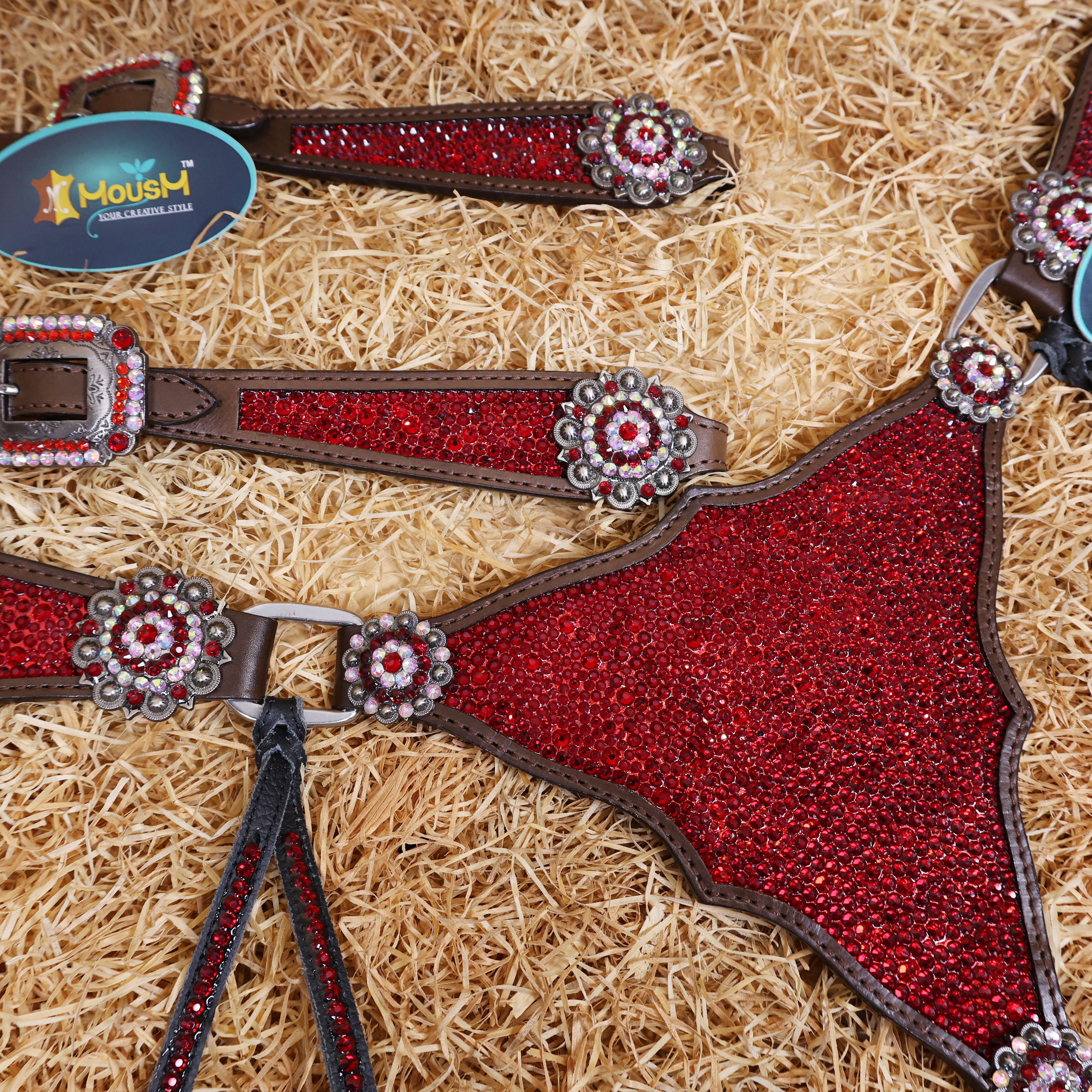 MOUSM Western Headstall and Breast Collar Set – Argentina Cow Leather Horse Tack Set Decorated with Red Rhinestones on Gladiator Breast Collar with Roping and Bling Conchos.