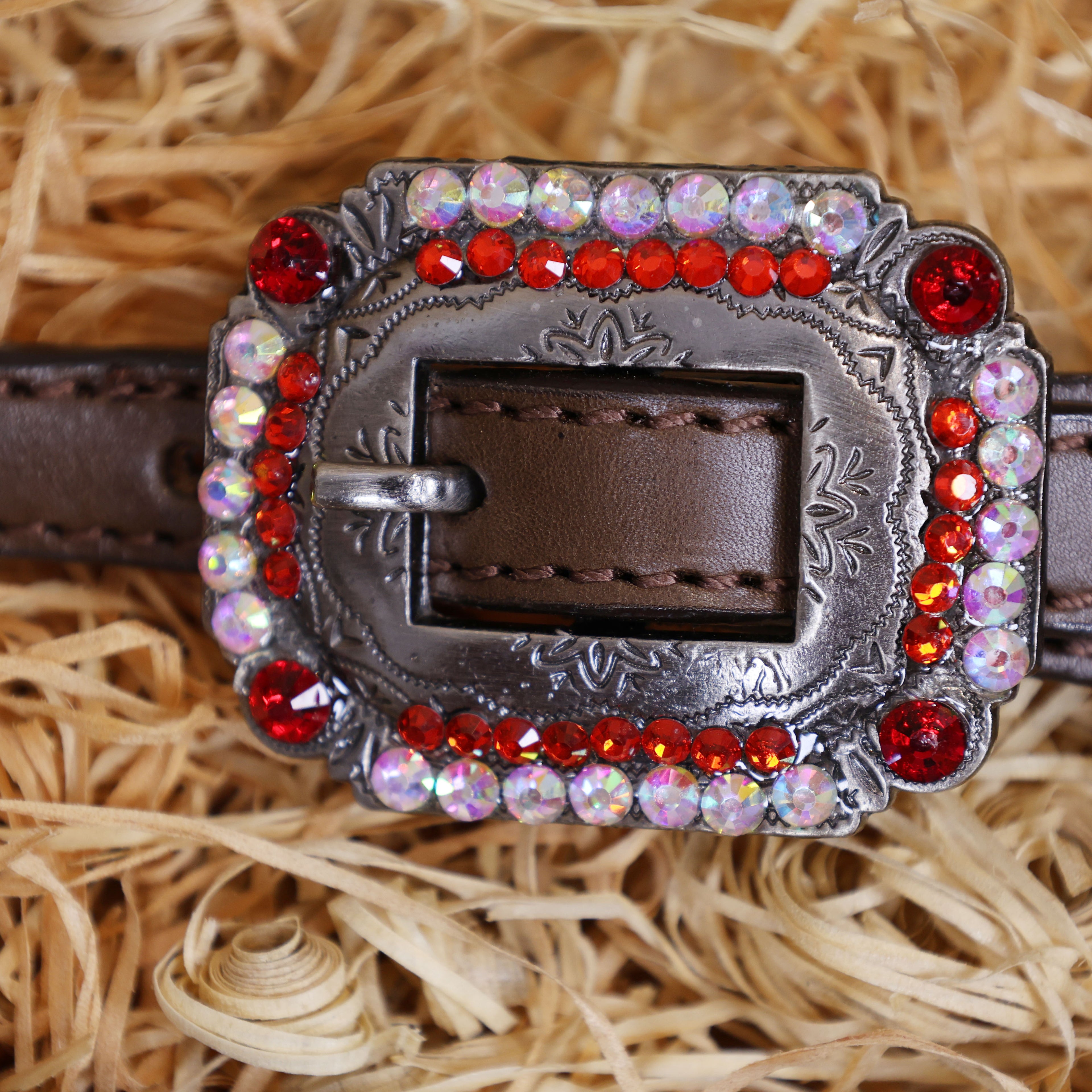 MOUSM Western Headstall and Breast Collar Set – Argentina Cow Leather Horse Tack Set Decorated with Red Rhinestones on Gladiator Breast Collar with Roping and Bling Conchos.
