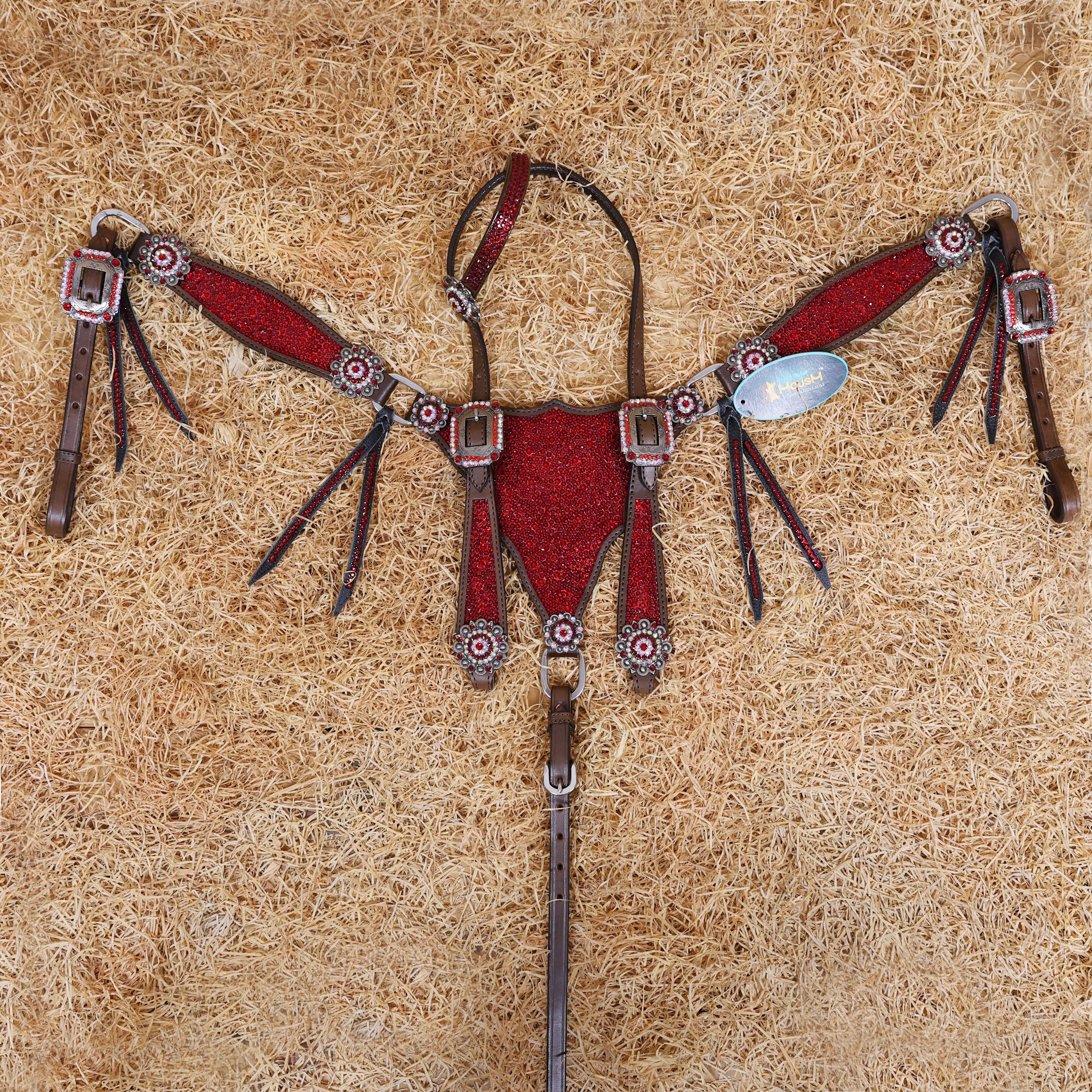 MOUSM Western Headstall and Breast Collar Set – Argentina Cow Leather Horse Tack Set Decorated with Red Rhinestones on Gladiator Breast Collar with Roping and Bling Conchos.