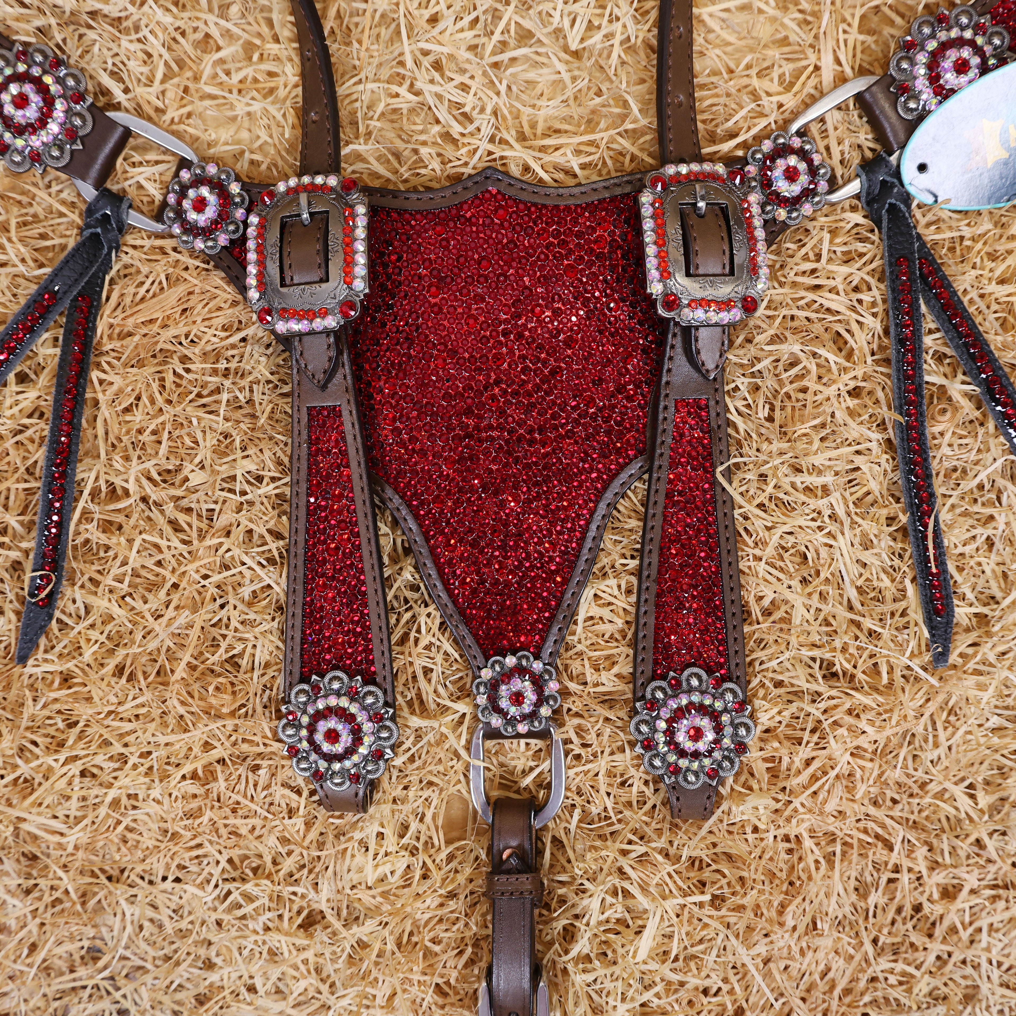 MOUSM Western Headstall and Breast Collar Set – Argentina Cow Leather Horse Tack Set Decorated with Red Rhinestones on Gladiator Breast Collar with Roping and Bling Conchos.