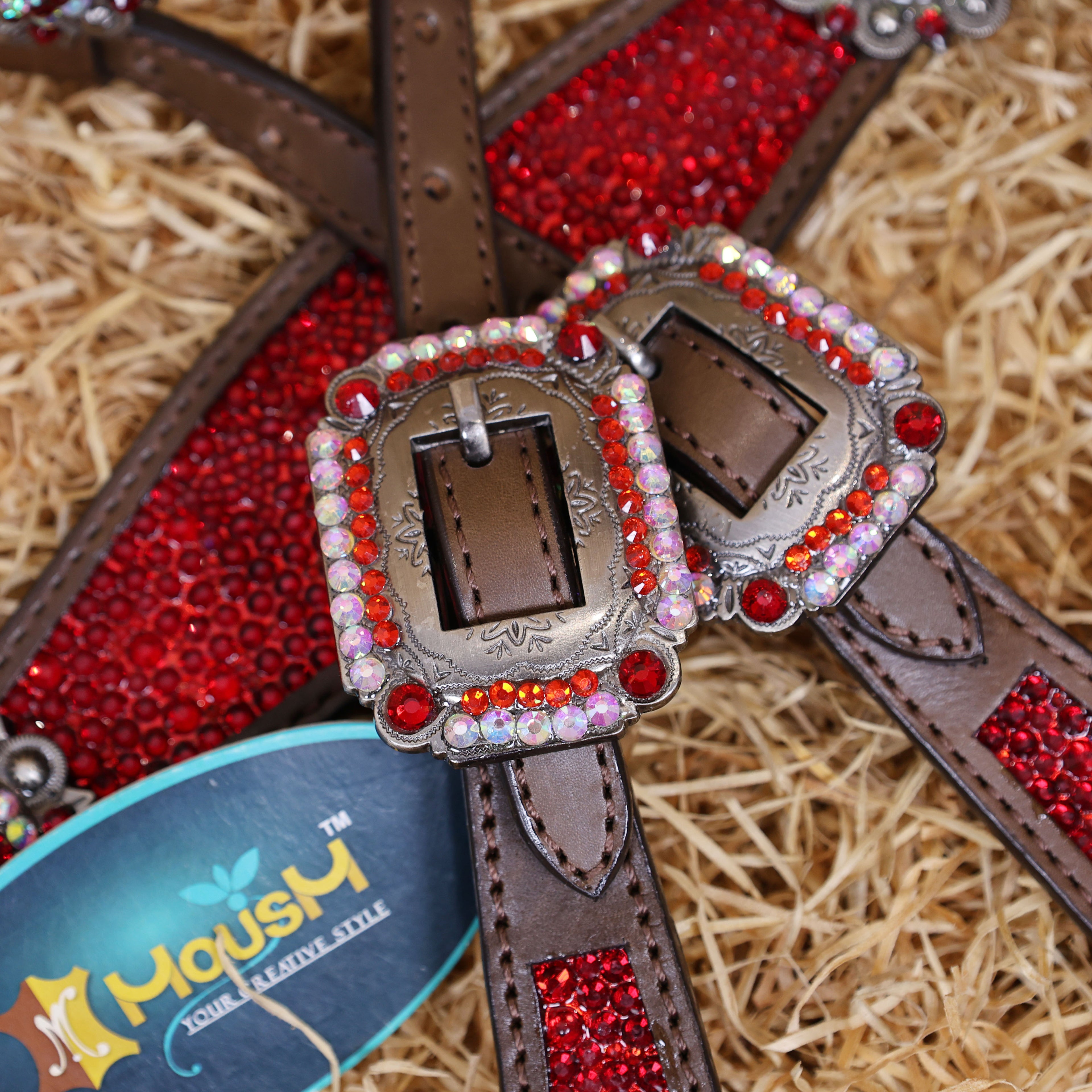 MOUSM Western Headstall and Breast Collar Set – Argentina Cow Leather Horse Tack Set Decorated with Red Rhinestones on Gladiator Breast Collar with Roping and Bling Conchos.