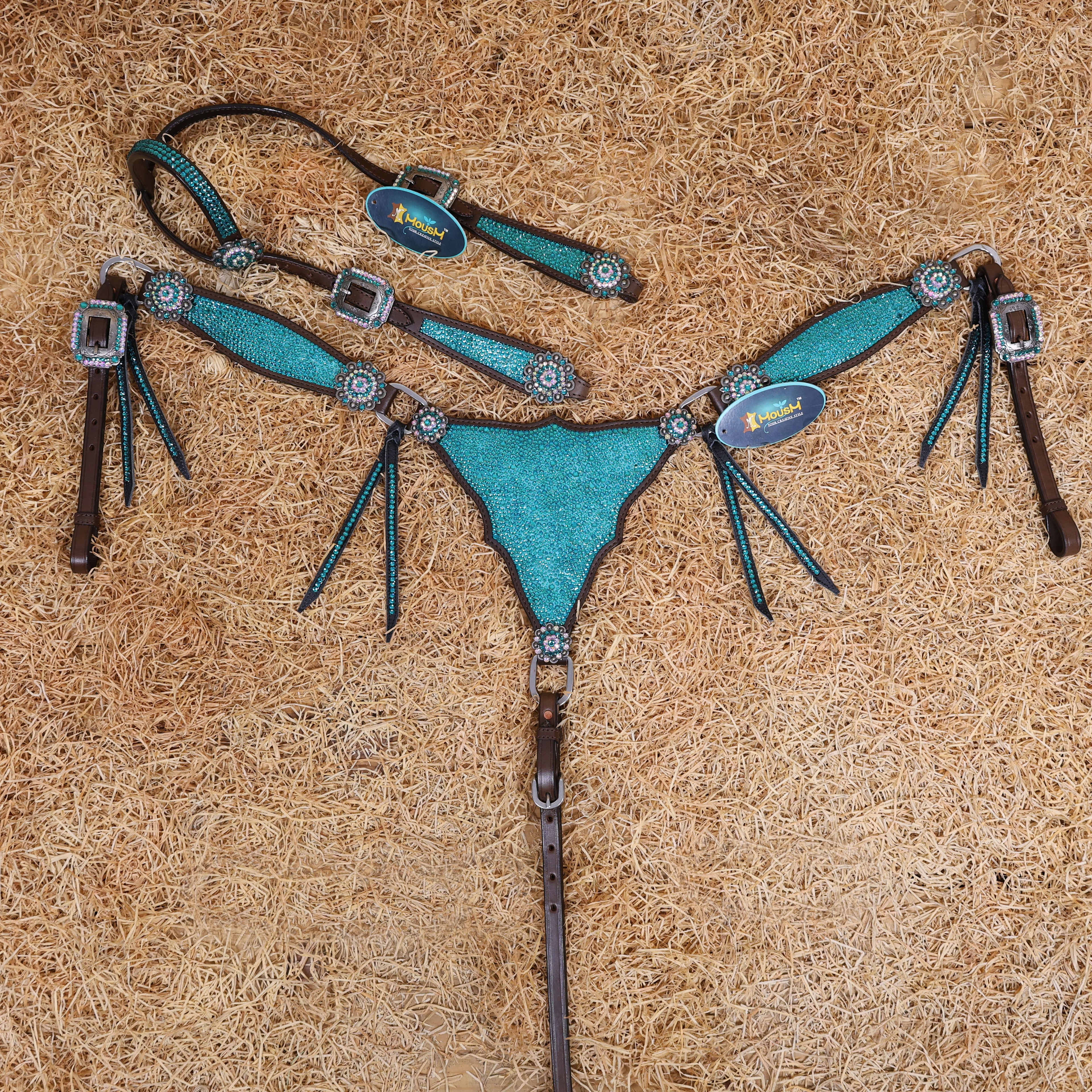 MOUSM Western Headstall and Breast Collar Set – Argentina Cow Leather Horse Tack Set Decorated with Turquoise Green Rhinestones on Gladiator Breast Collar with Roping and Bling Conchos.
