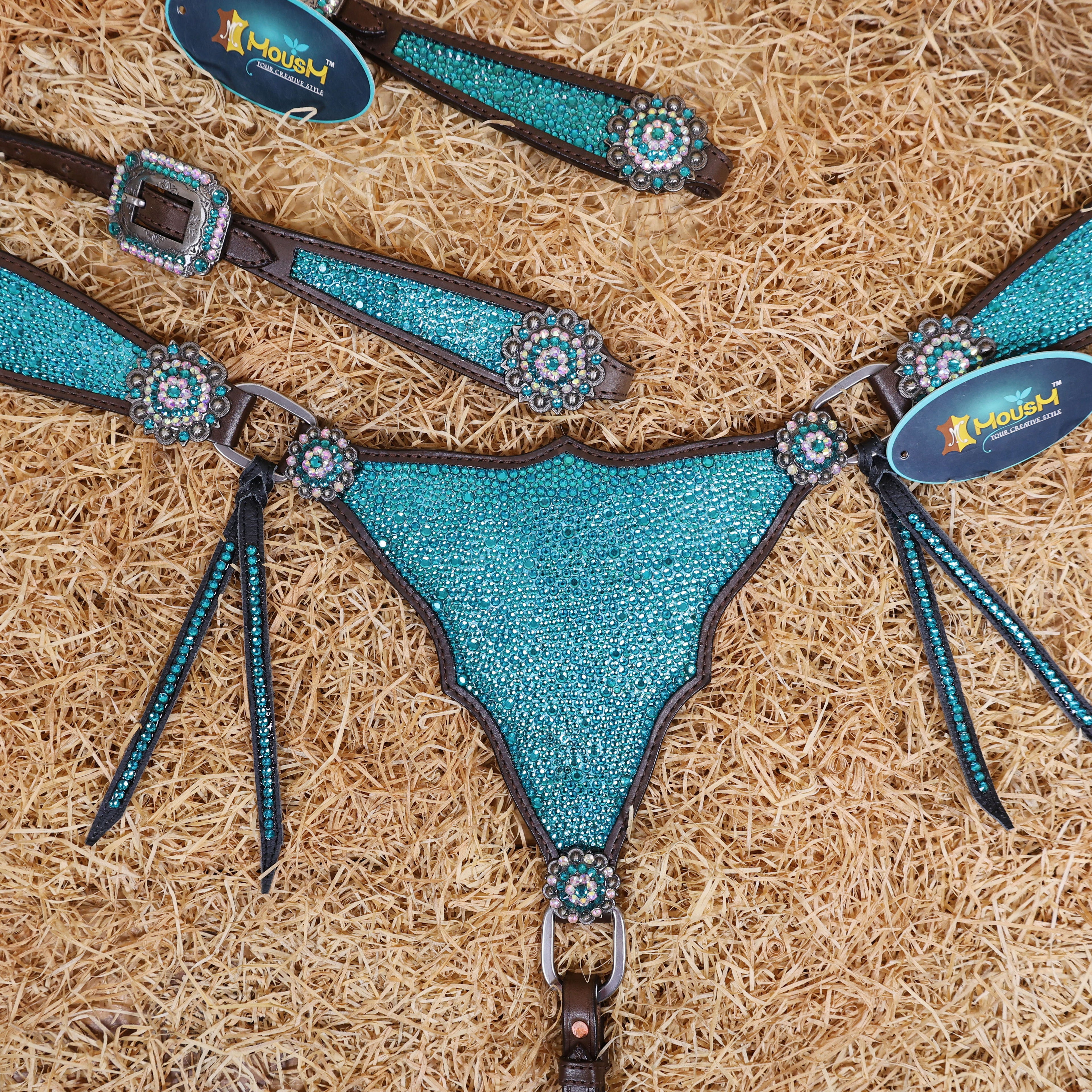 MOUSM Western Headstall and Breast Collar Set – Argentina Cow Leather Horse Tack Set Decorated with Turquoise Green Rhinestones on Gladiator Breast Collar with Roping and Bling Conchos.
