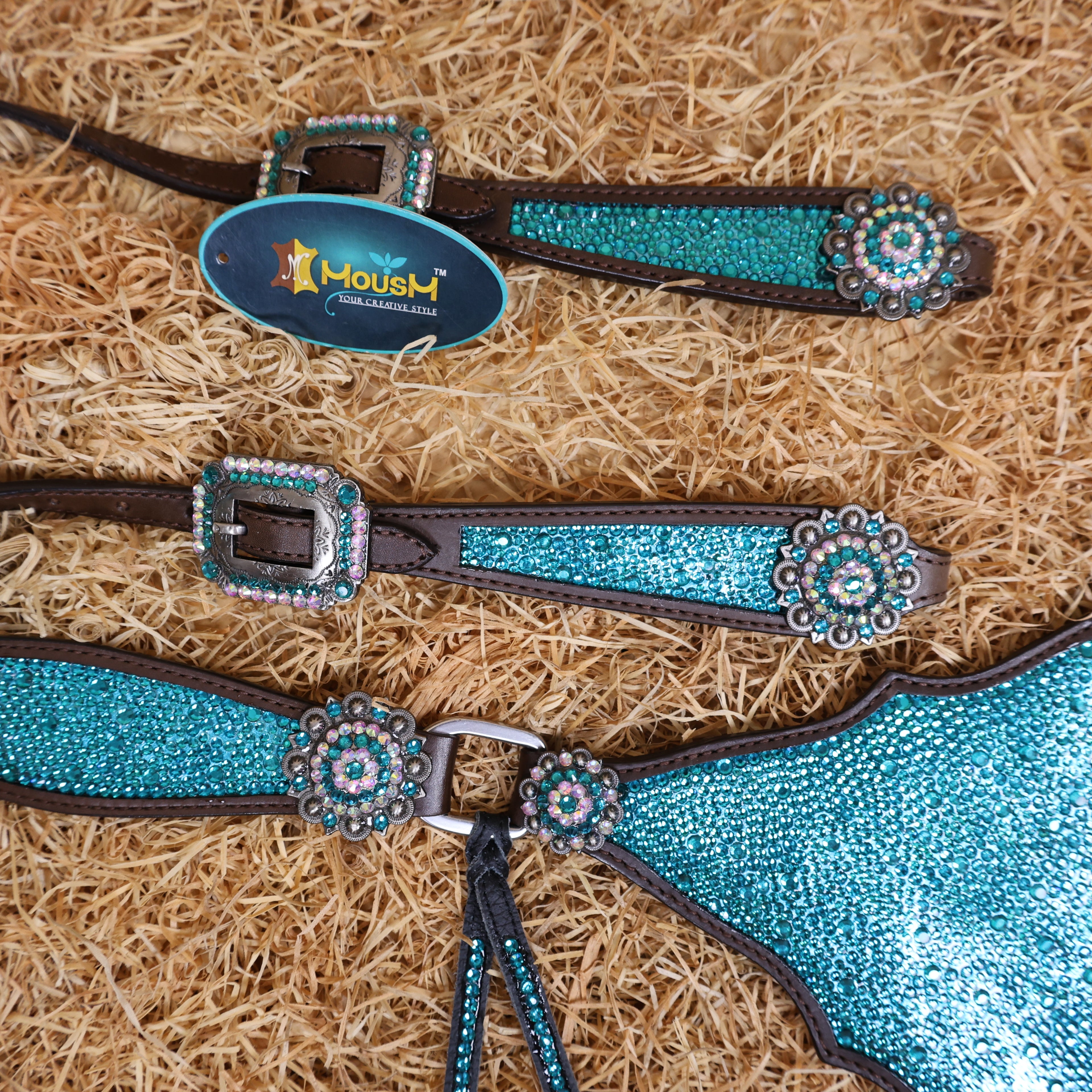MOUSM Western Headstall and Breast Collar Set – Argentina Cow Leather Horse Tack Set Decorated with Turquoise Green Rhinestones on Gladiator Breast Collar with Roping and Bling Conchos.