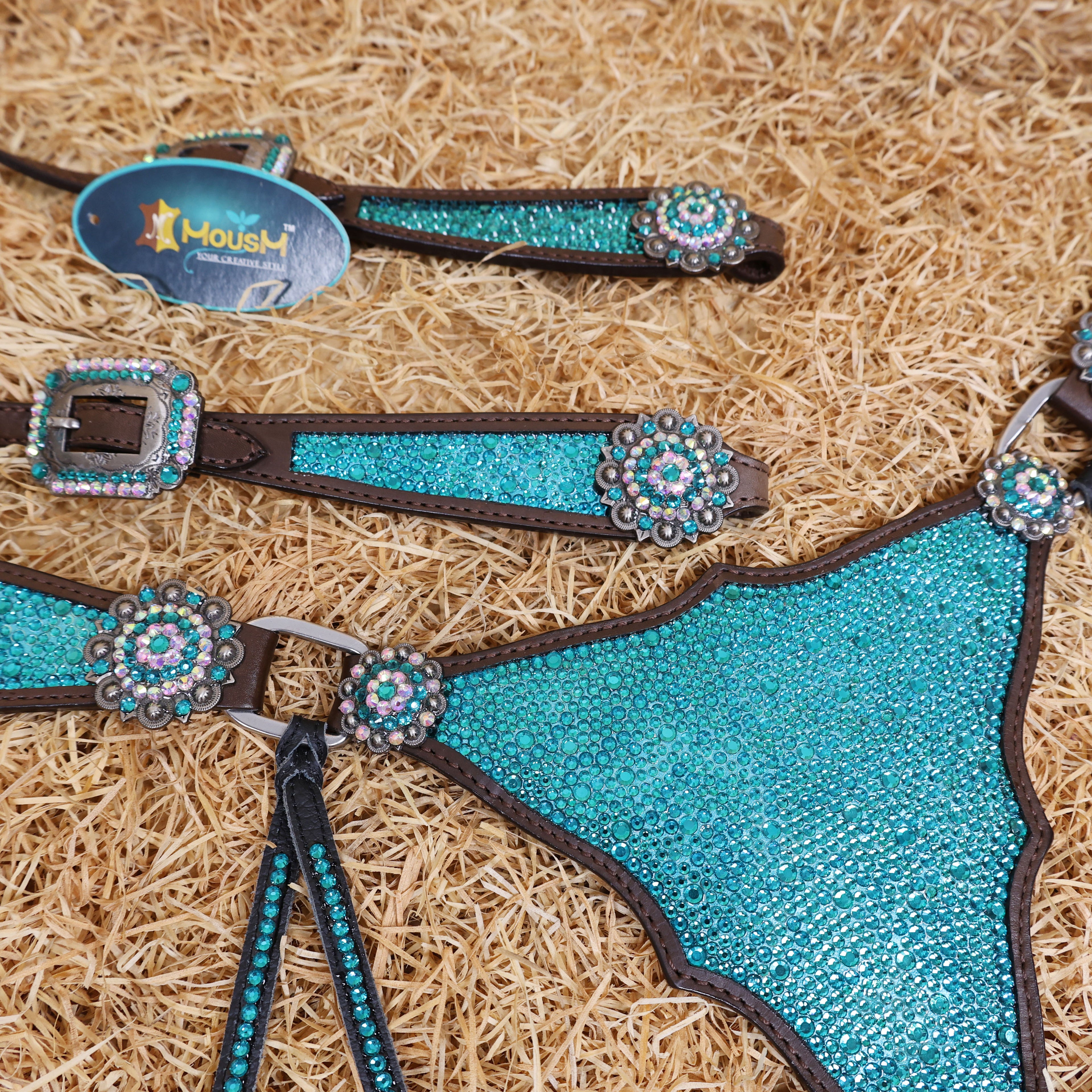 MOUSM Western Headstall and Breast Collar Set – Argentina Cow Leather Horse Tack Set Decorated with Turquoise Green Rhinestones on Gladiator Breast Collar with Roping and Bling Conchos.