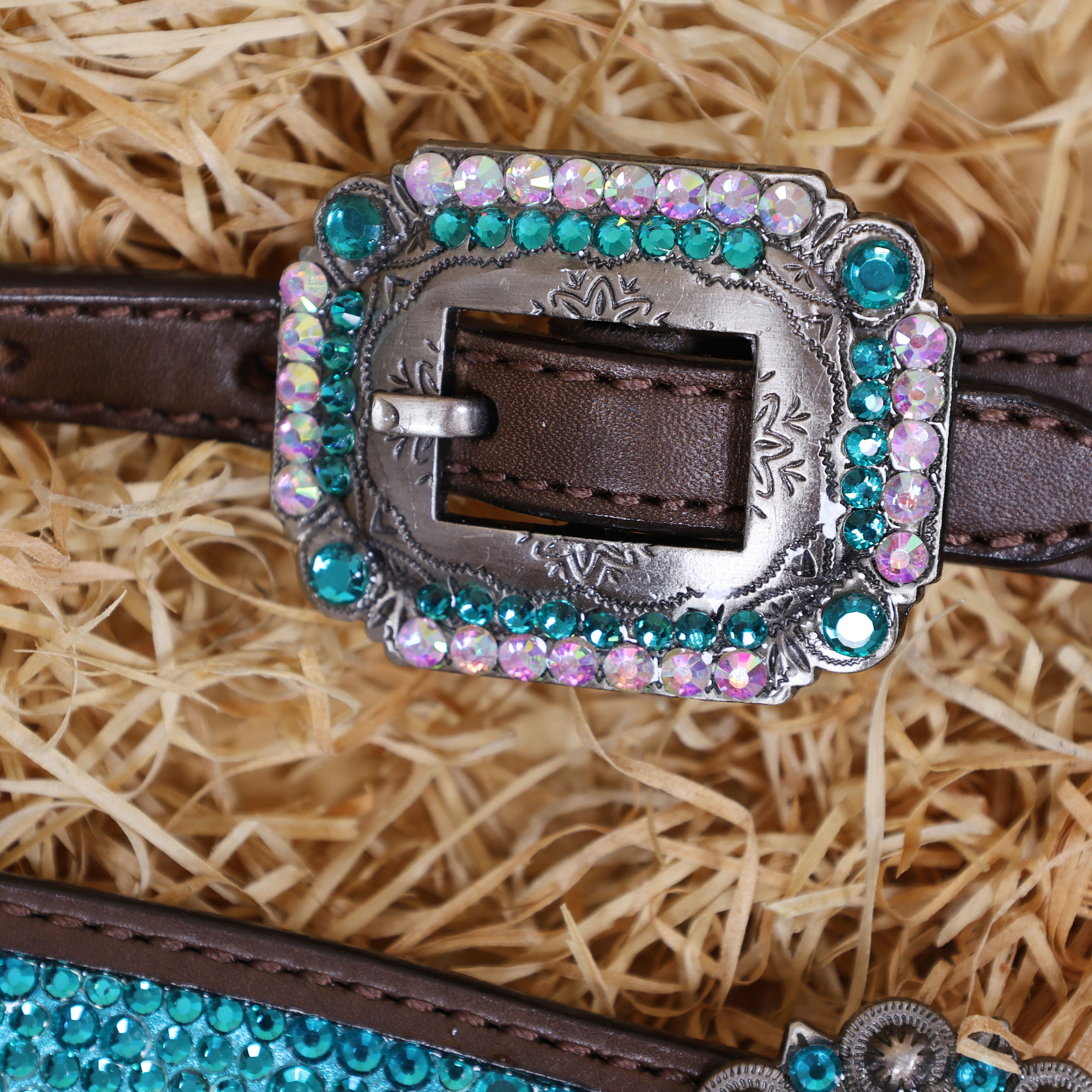 MOUSM Western Headstall and Breast Collar Set – Argentina Cow Leather Horse Tack Set Decorated with Turquoise Green Rhinestones on Gladiator Breast Collar with Roping and Bling Conchos.